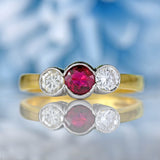 Ellibelle Jewellery Vintage Ruby & Diamond 18ct Gold Bezel-Set Three-Stone Engagement Ring