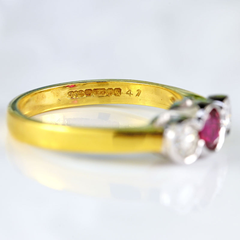 Ellibelle Jewellery Vintage Ruby & Diamond 18ct Gold Bezel-Set Three-Stone Engagement Ring