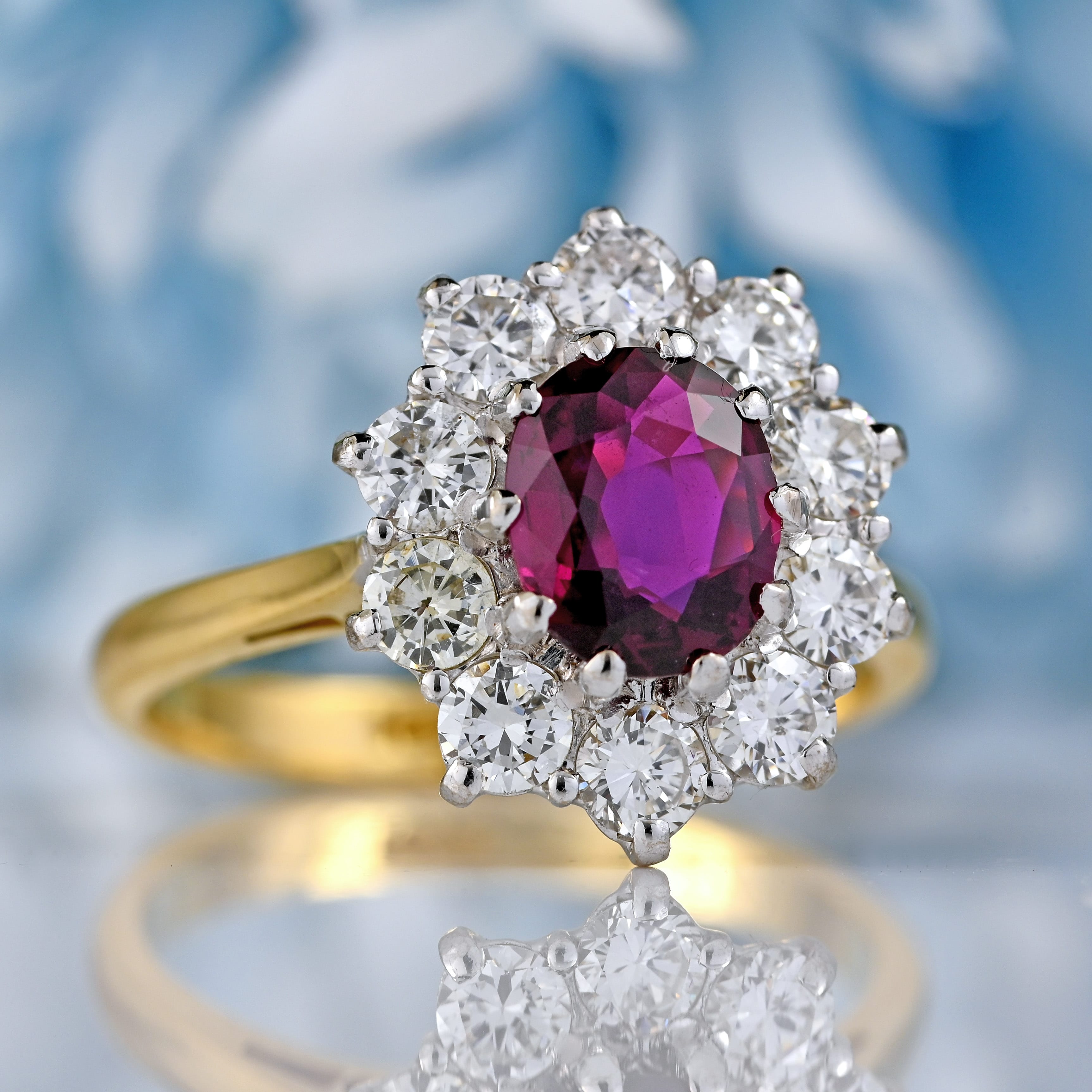 Ellibelle Jewellery Vintage Ruby & Diamond 18ct Gold Cluster Engagement Ring (0.95cts)