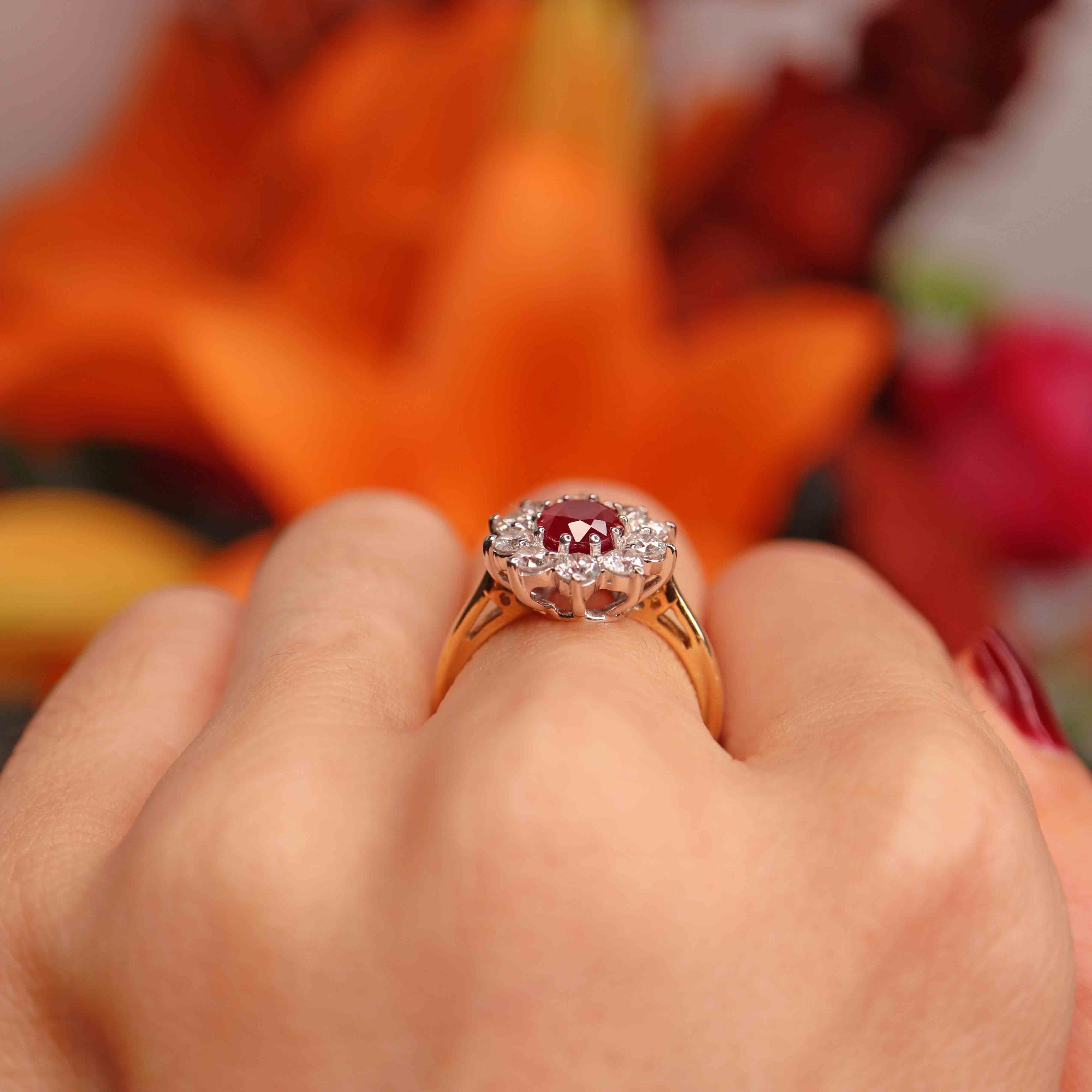 Ellibelle Jewellery Vintage Ruby & Diamond 18ct Gold Cluster Engagement Ring (1.50cts)