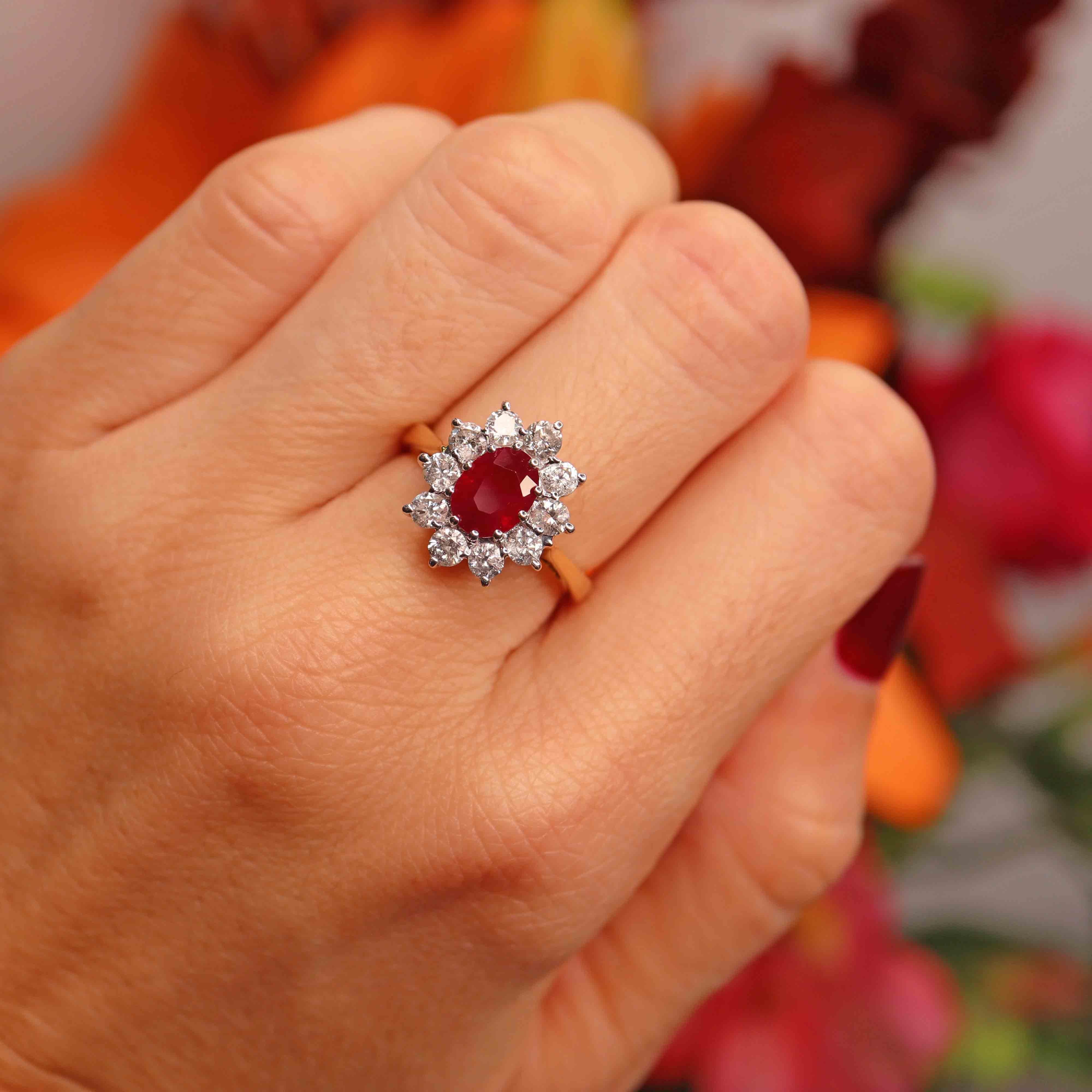 Ellibelle Jewellery Vintage Ruby & Diamond 18ct Gold Cluster Engagement Ring (1.50cts)