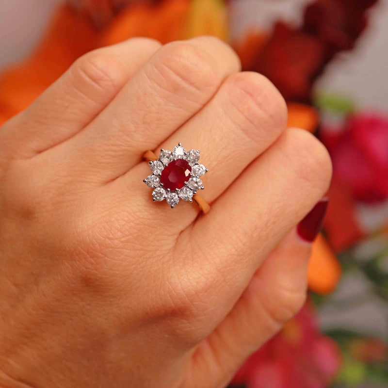 Ellibelle Jewellery Vintage Ruby & Diamond 18ct Gold Cluster Engagement Ring (1.50cts)