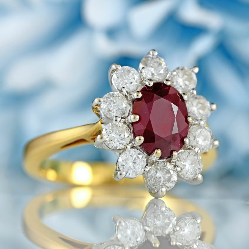 Ellibelle Jewellery Vintage Ruby & Diamond 18ct Gold Cluster Engagement Ring (1.50cts)