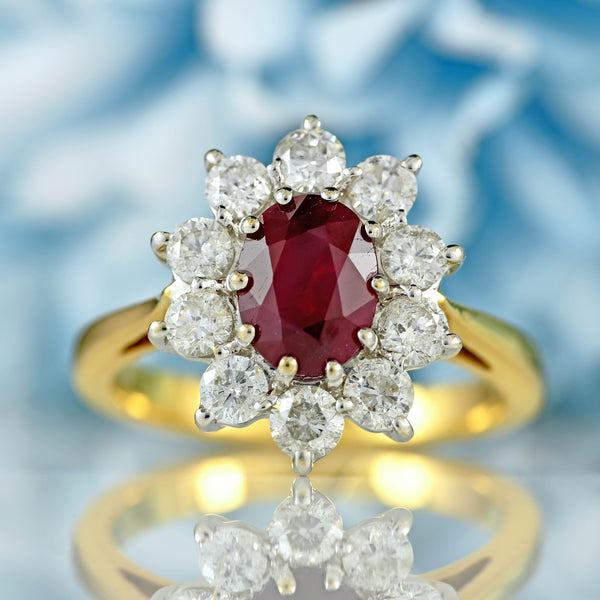 Ellibelle Jewellery Vintage Ruby & Diamond 18ct Gold Cluster Engagement Ring (1.50cts)