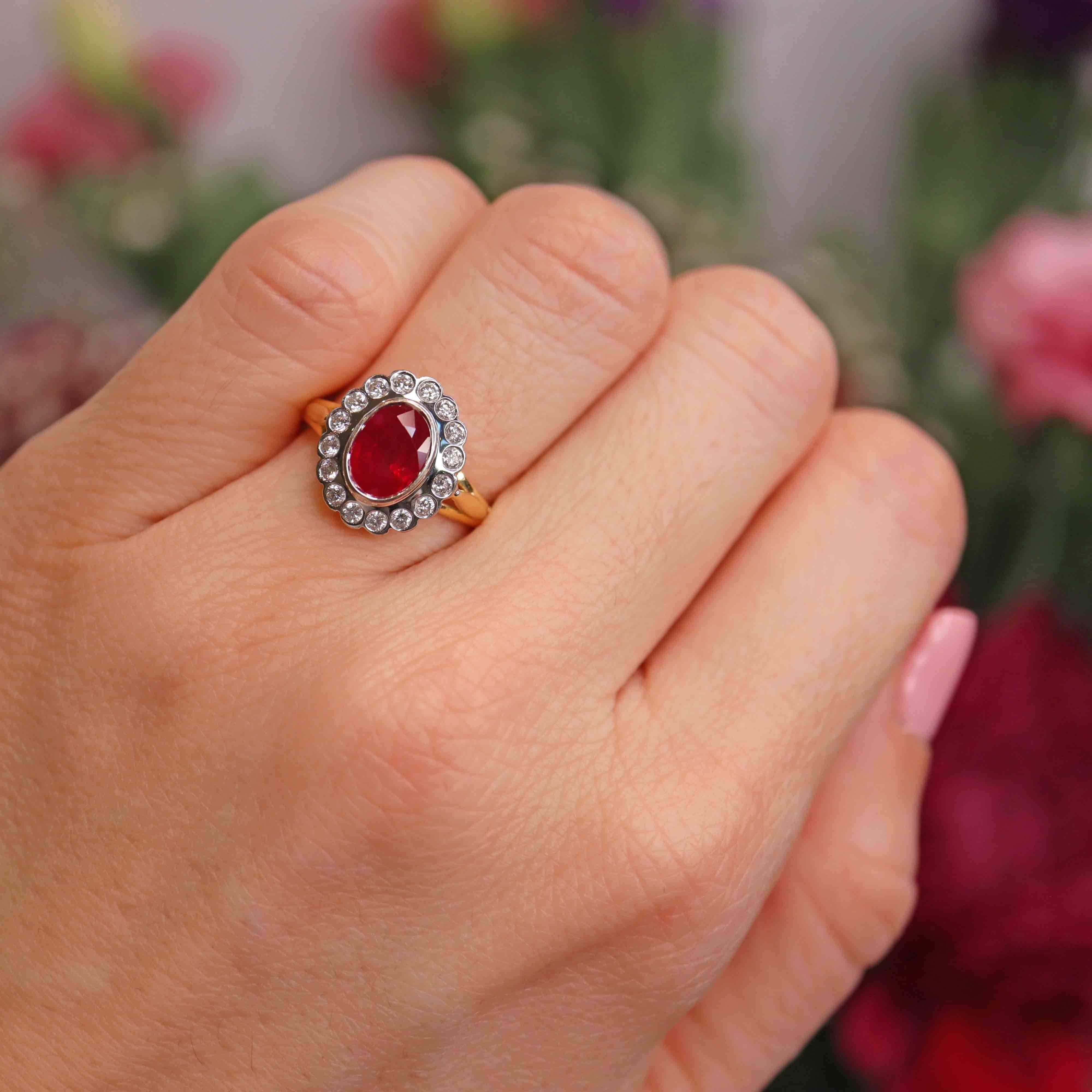 Ellibelle Jewellery Vintage Ruby & Diamond 18ct Gold Cluster Engagement Ring (1.60cts)