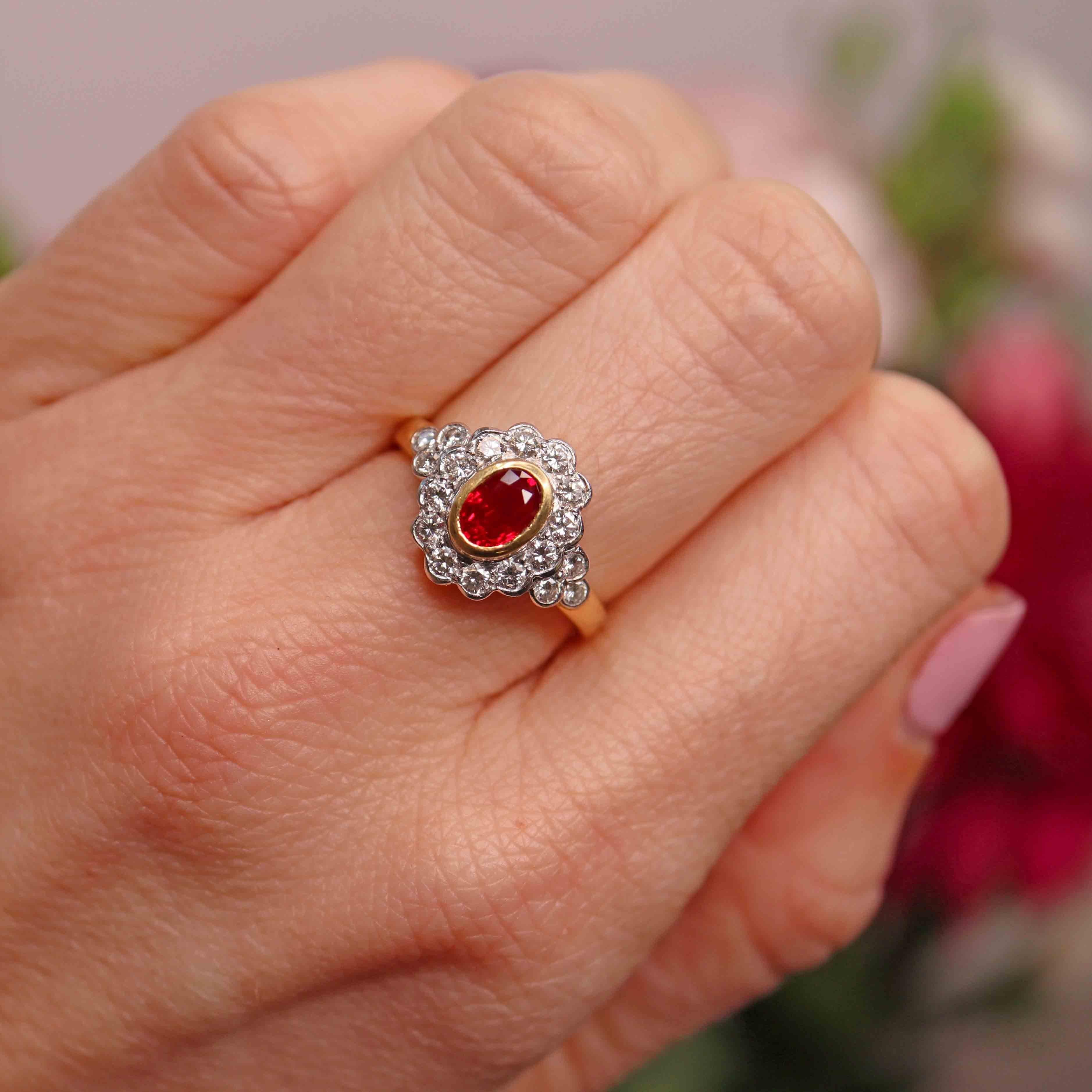 Ellibelle Jewellery Vintage Ruby & Diamond 18ct Gold Cluster Engagement Ring