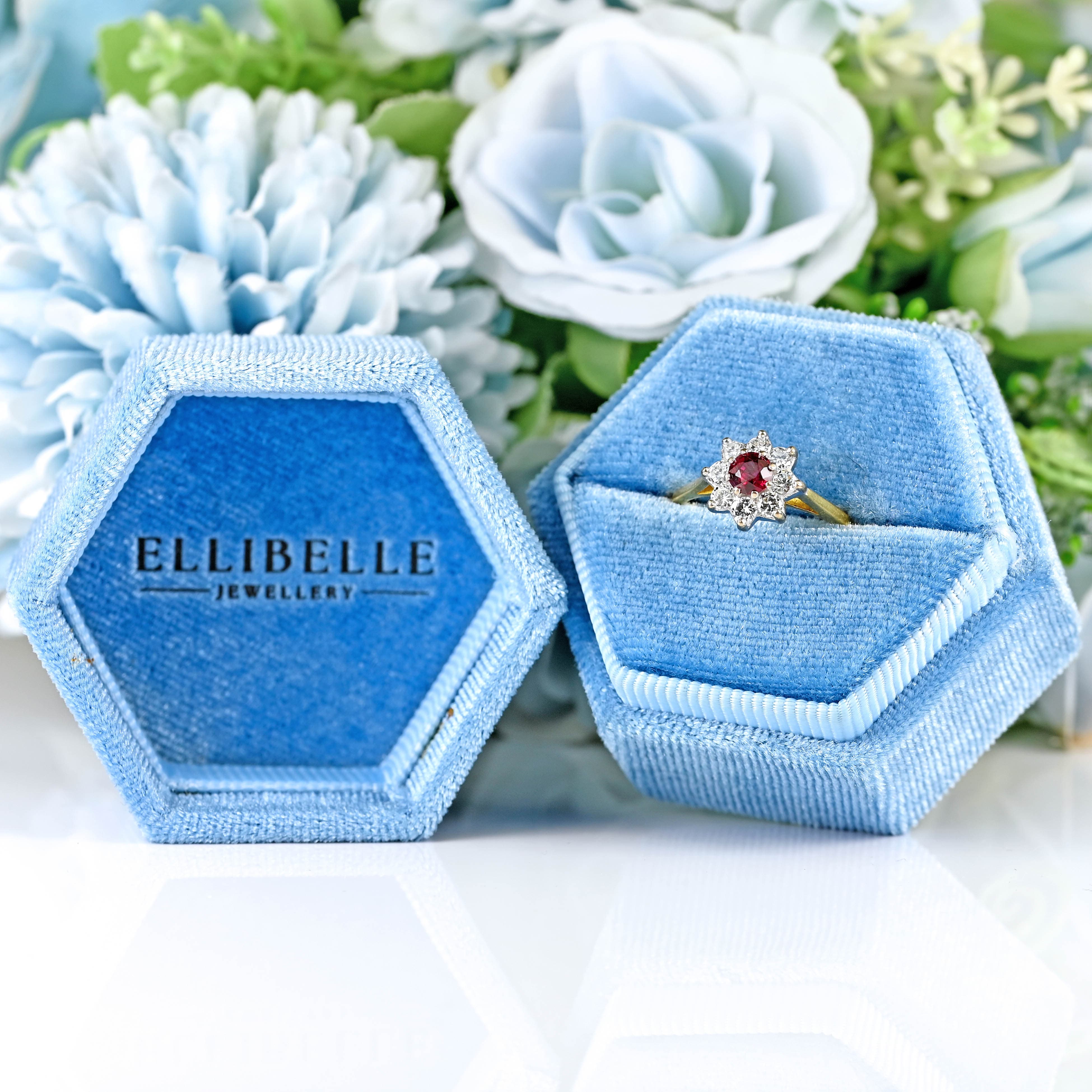 Ellibelle Jewellery Vintage Ruby & Diamond 18ct Gold Daisy Cluster Ring