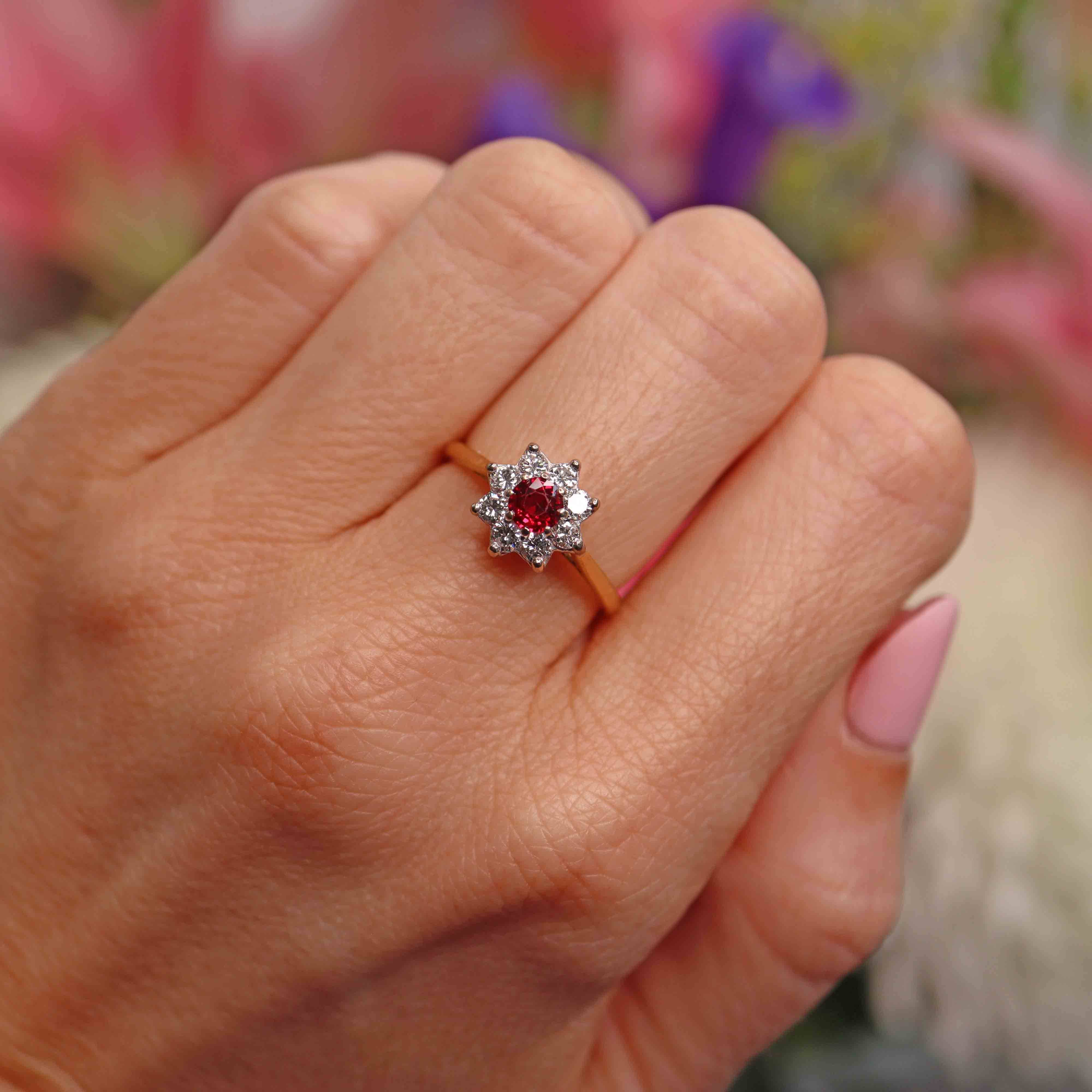 Ellibelle Jewellery Vintage Ruby & Diamond 18ct Gold Daisy Cluster Ring