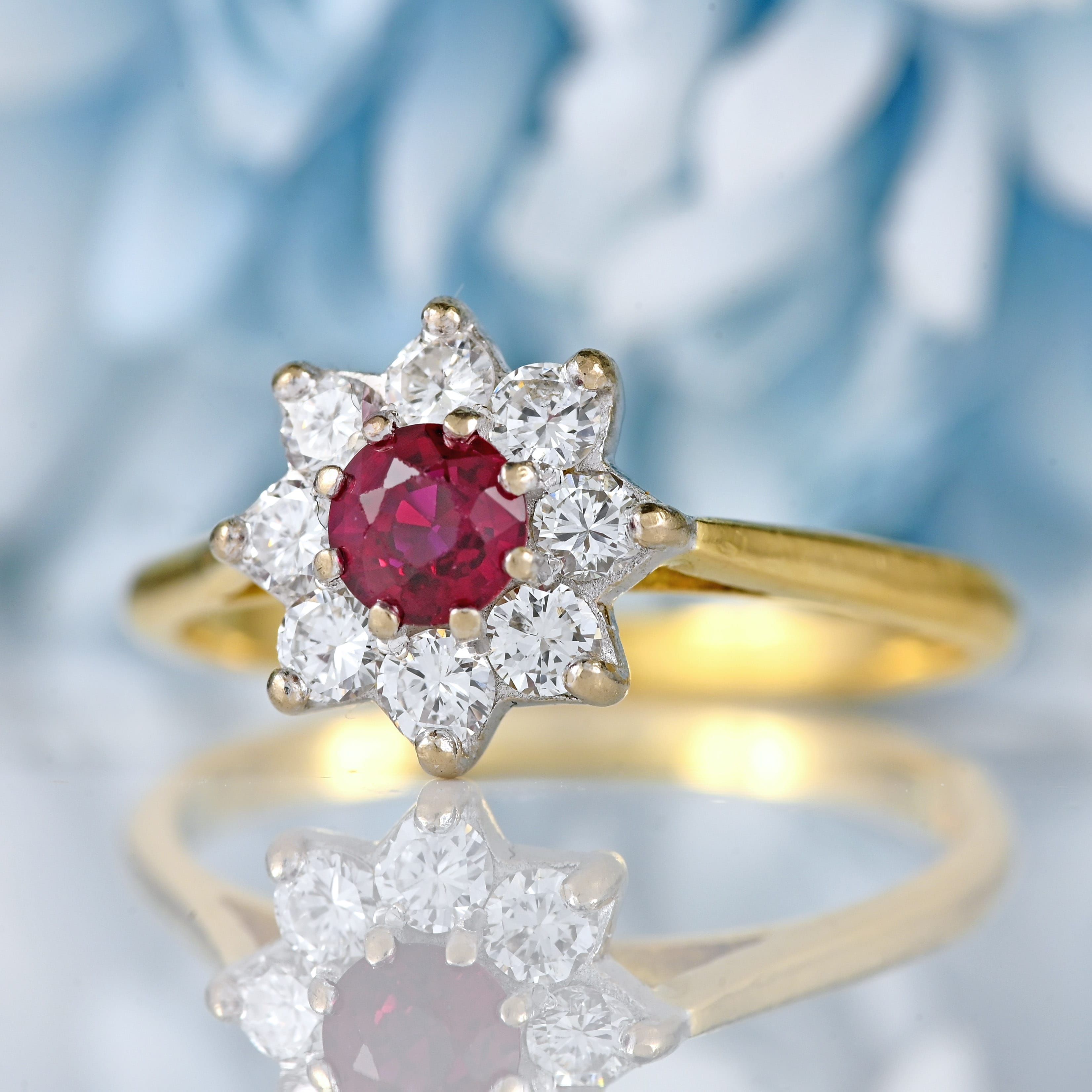 Ellibelle Jewellery Vintage Ruby & Diamond 18ct Gold Daisy Cluster Ring