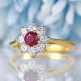 Ellibelle Jewellery Vintage Ruby & Diamond 18ct Gold Daisy Cluster Ring