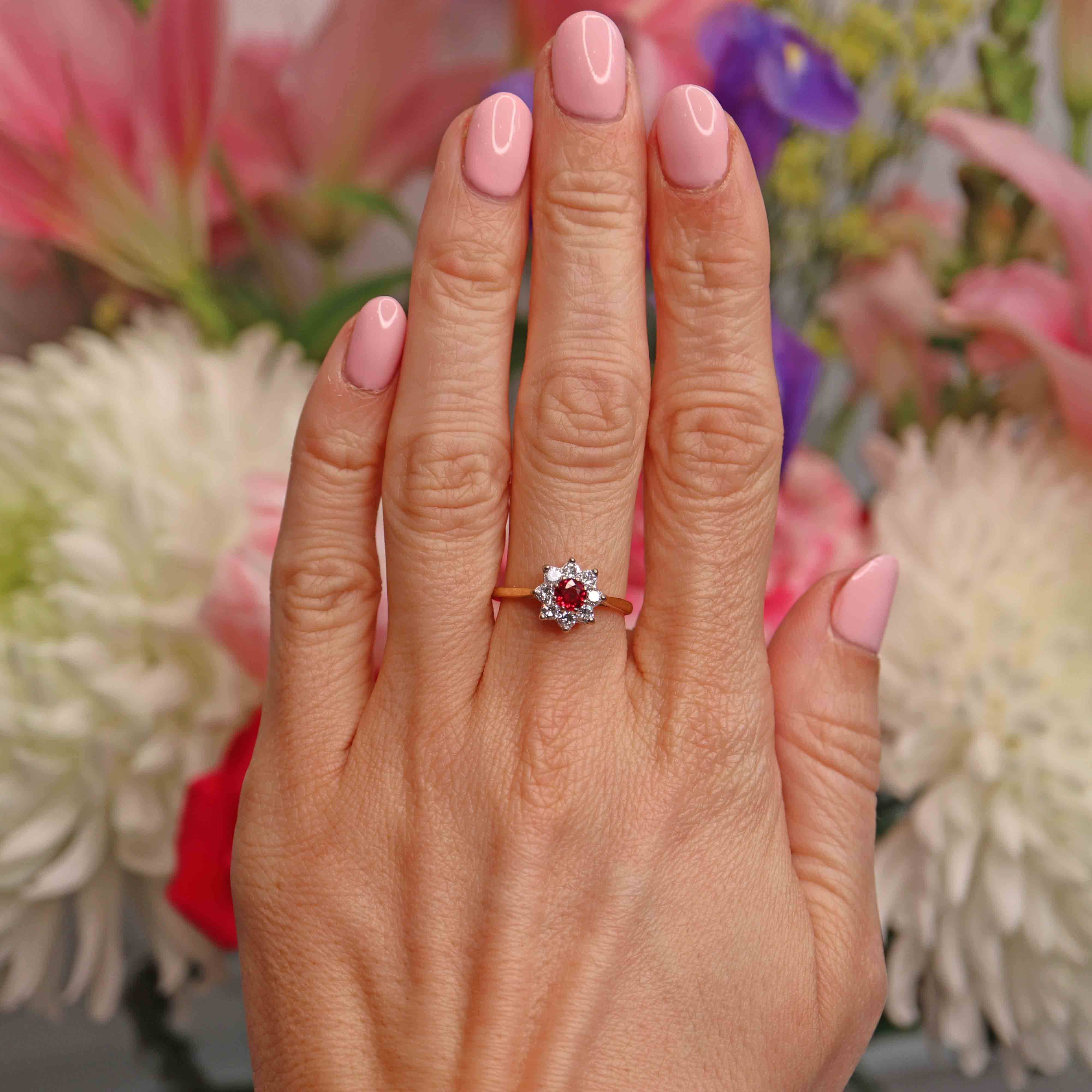 Ellibelle Jewellery Vintage Ruby & Diamond 18ct Gold Daisy Cluster Ring