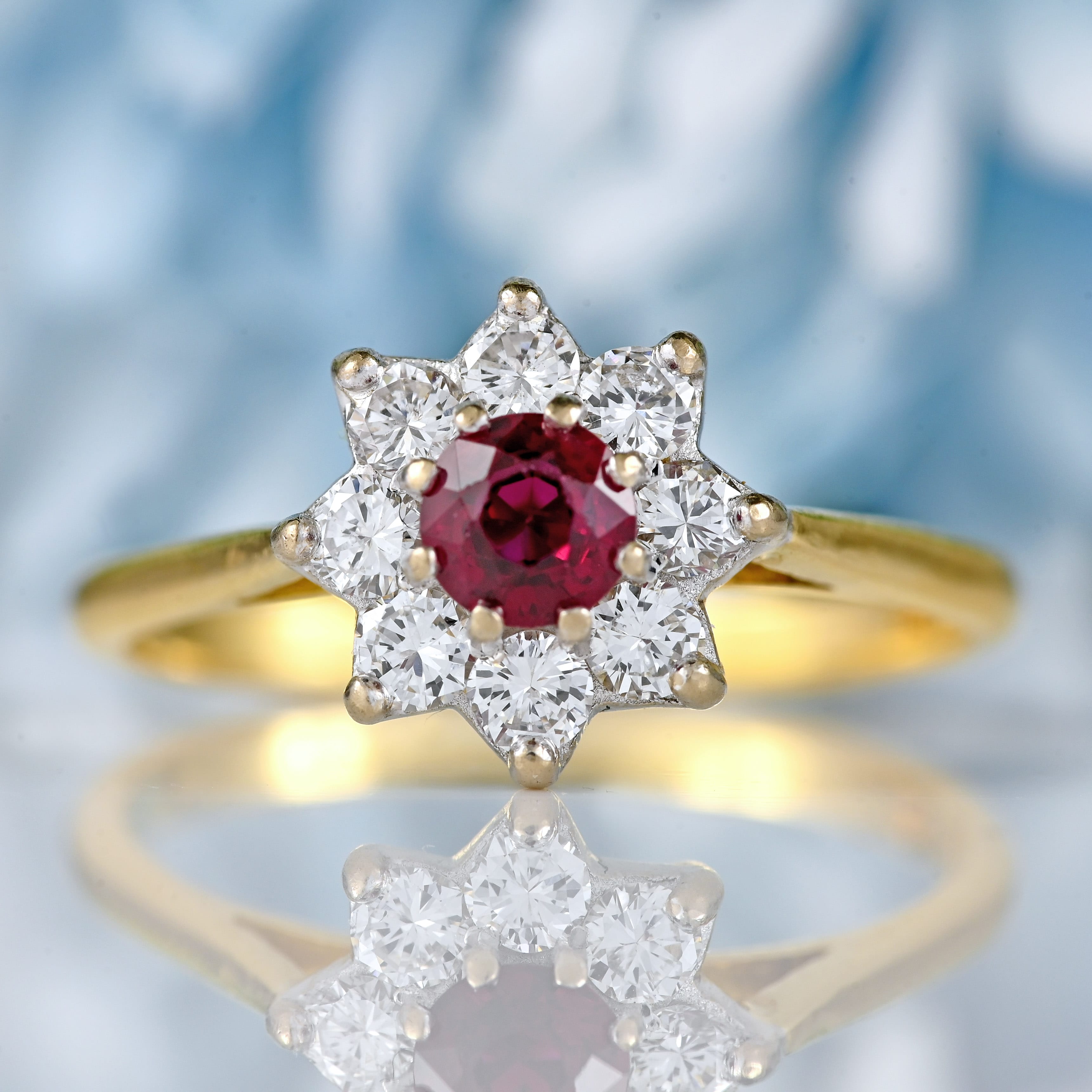 Ellibelle Jewellery Vintage Ruby & Diamond 18ct Gold Daisy Cluster Ring