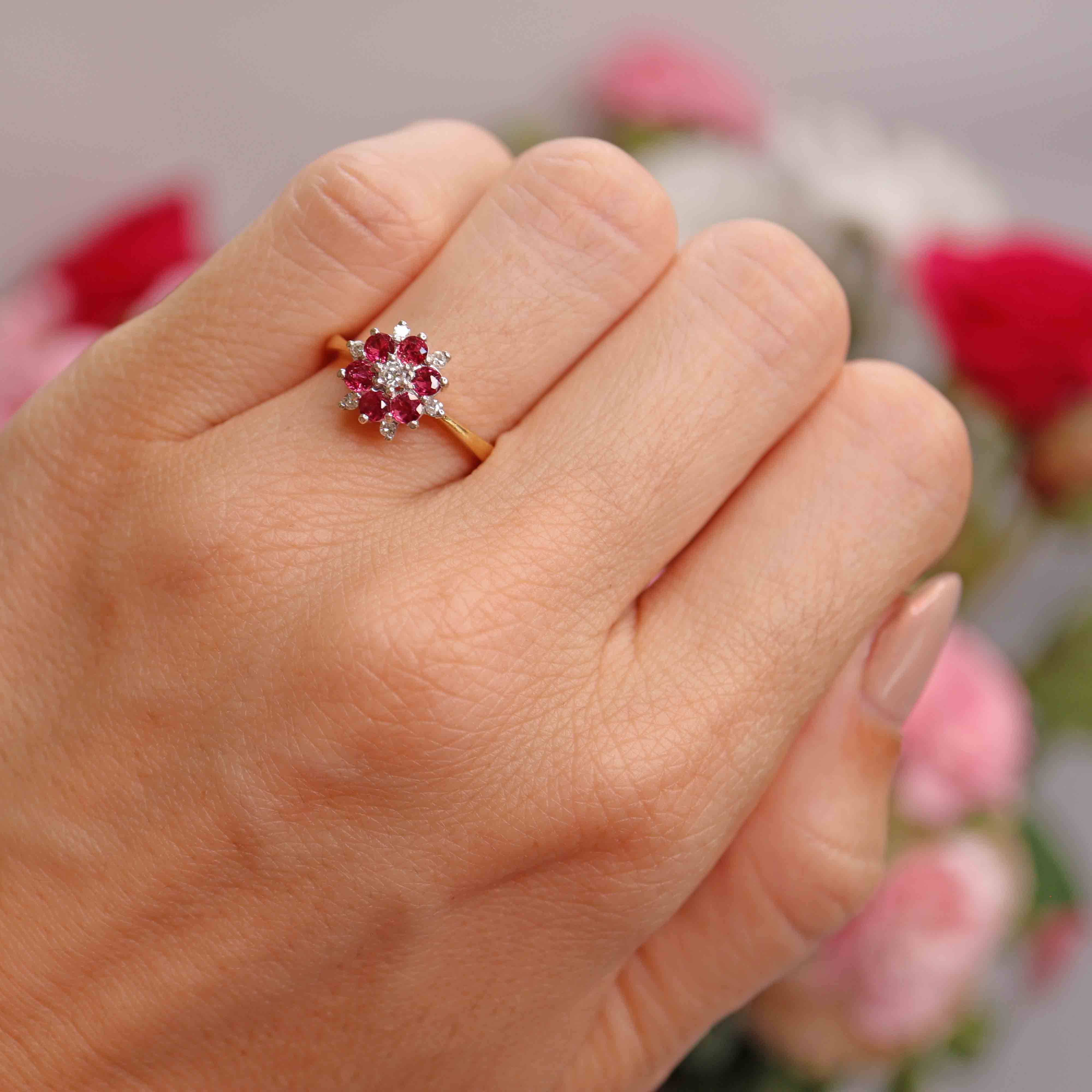 Ellibelle Jewellery Vintage Ruby & Diamond 18ct Gold Daisy Cluster Ring
