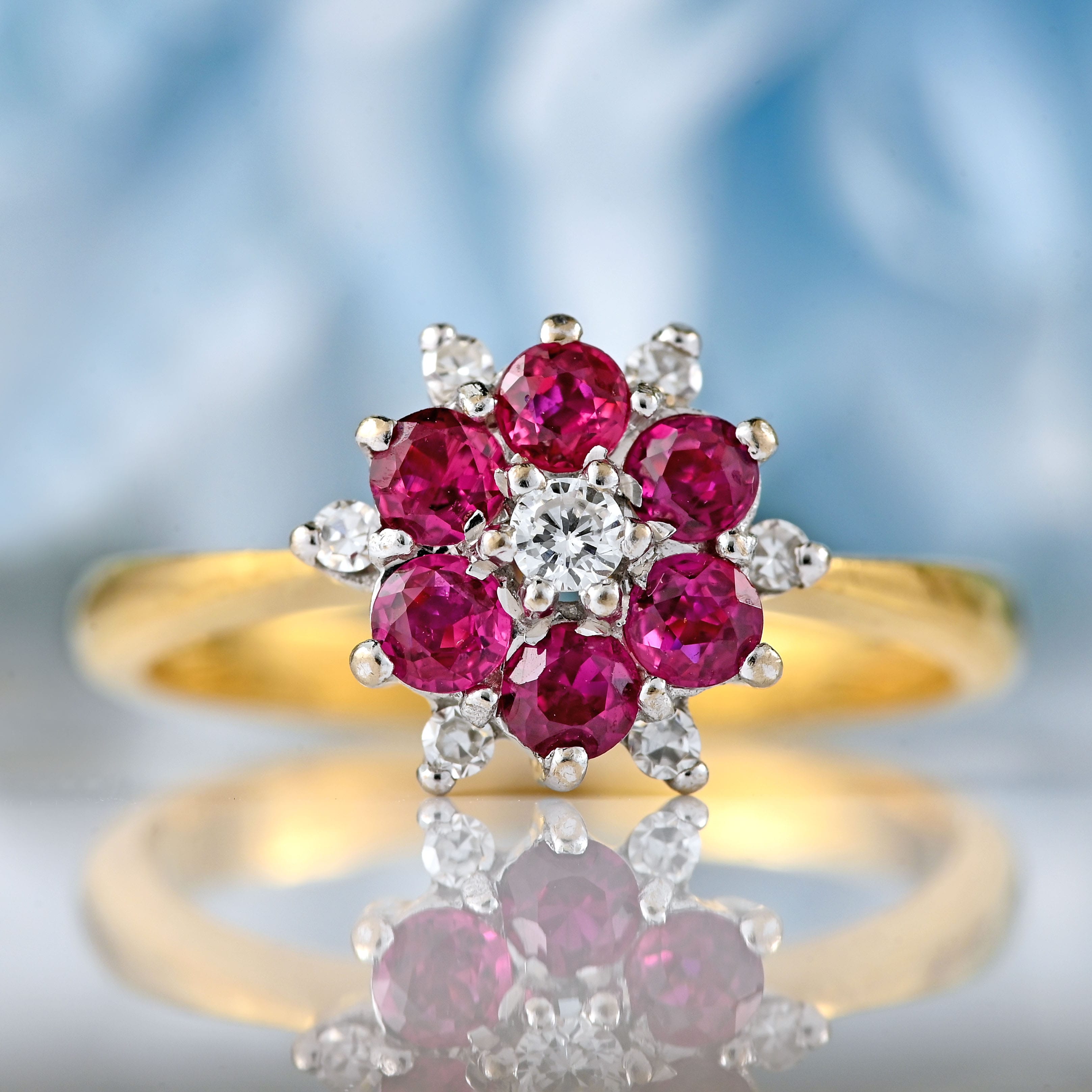 Ellibelle Jewellery Vintage Ruby & Diamond 18ct Gold Daisy Cluster Ring