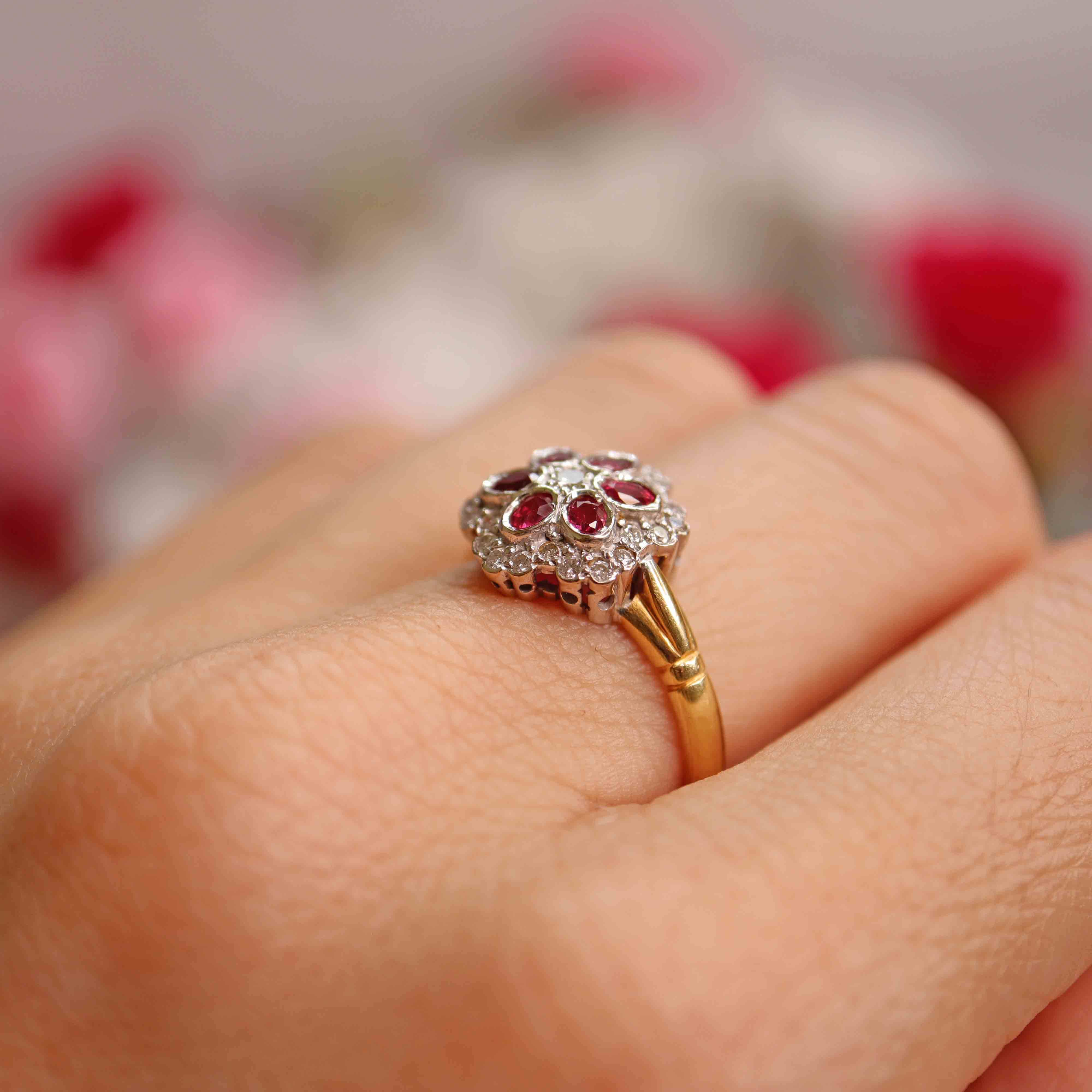 Ellibelle Jewellery Vintage Ruby & Diamond 18ct Gold Floral Cluster Ring