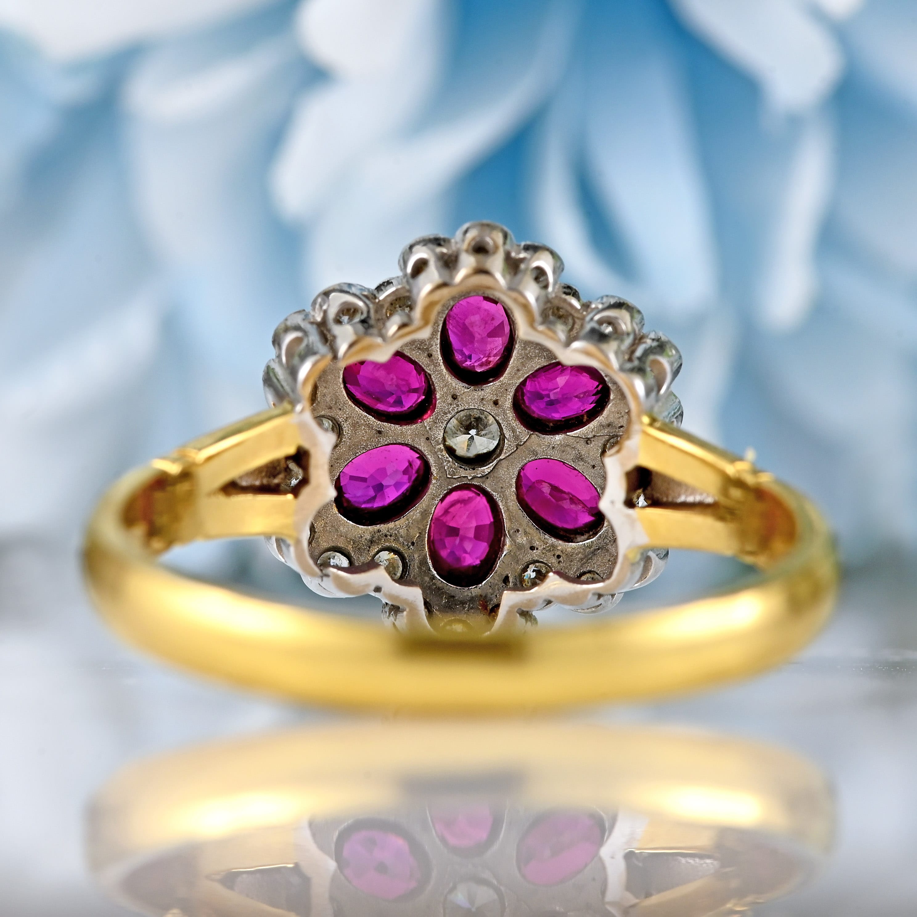 Ellibelle Jewellery Vintage Ruby & Diamond 18ct Gold Floral Cluster Ring