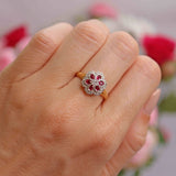 Ellibelle Jewellery Vintage Ruby & Diamond 18ct Gold Floral Cluster Ring