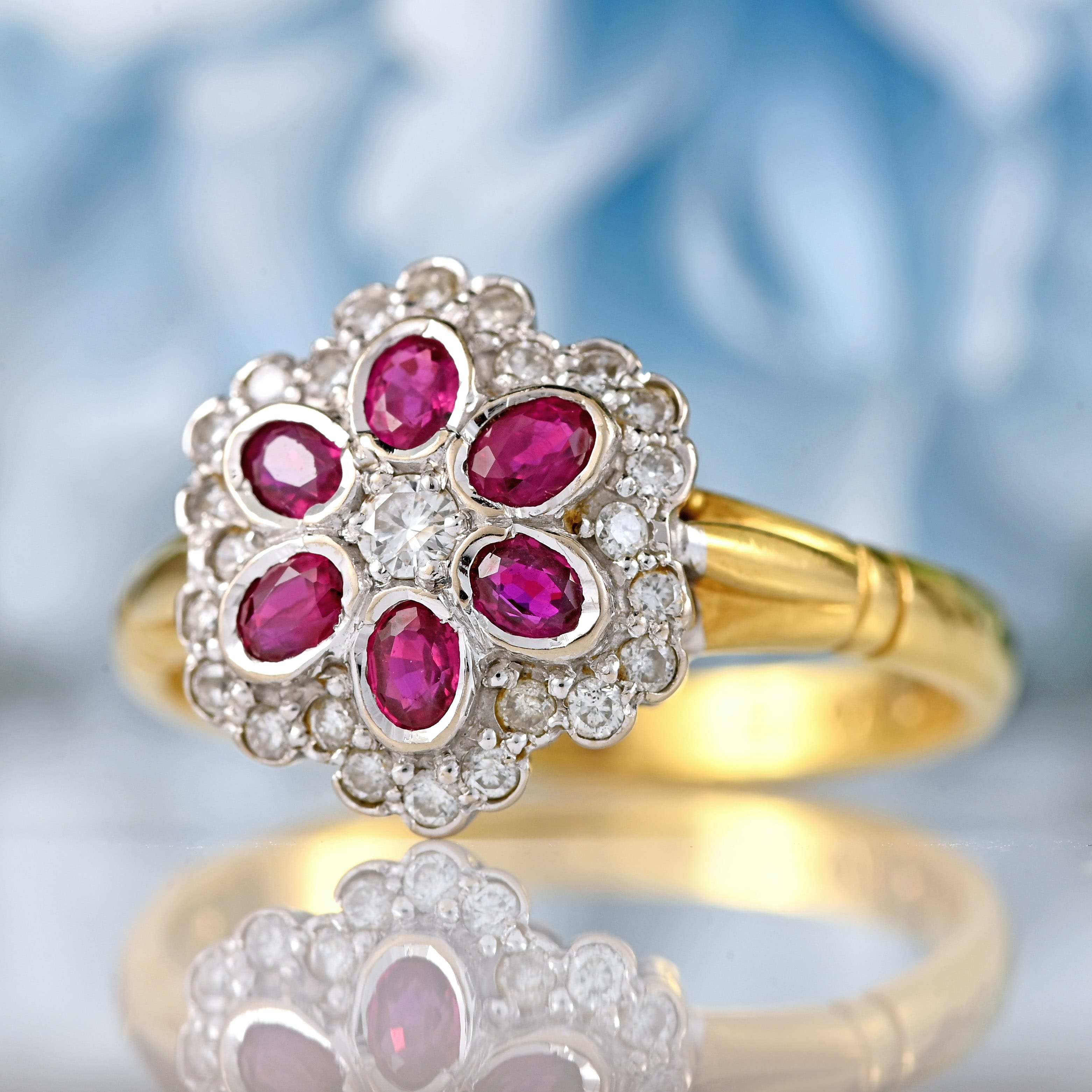 Ellibelle Jewellery Vintage Ruby & Diamond 18ct Gold Floral Cluster Ring