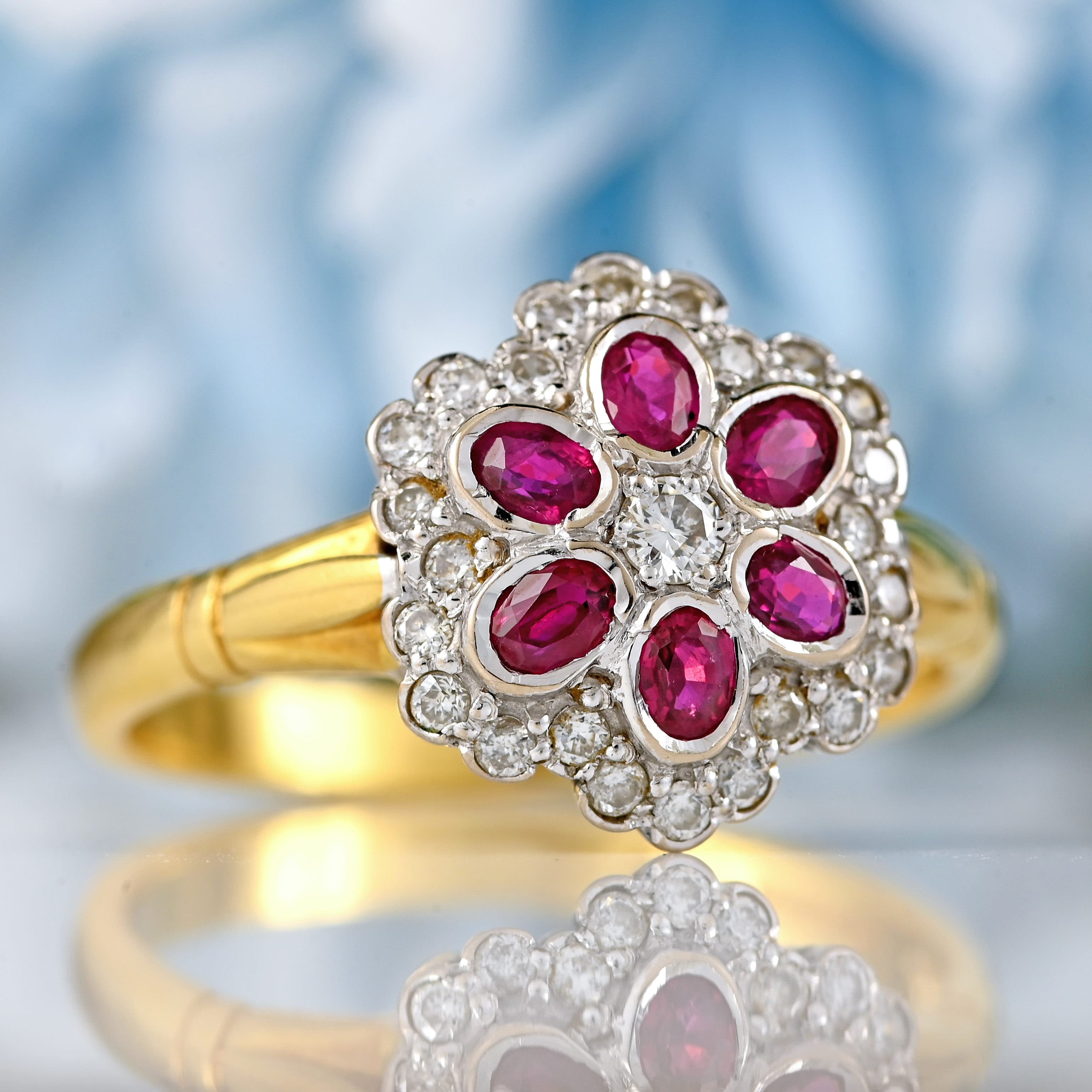 Ellibelle Jewellery Vintage Ruby & Diamond 18ct Gold Floral Cluster Ring