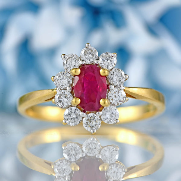 Ellibelle Jewellery Vintage Ruby & Diamond 18ct Gold Oval Cluster Engagement Ring