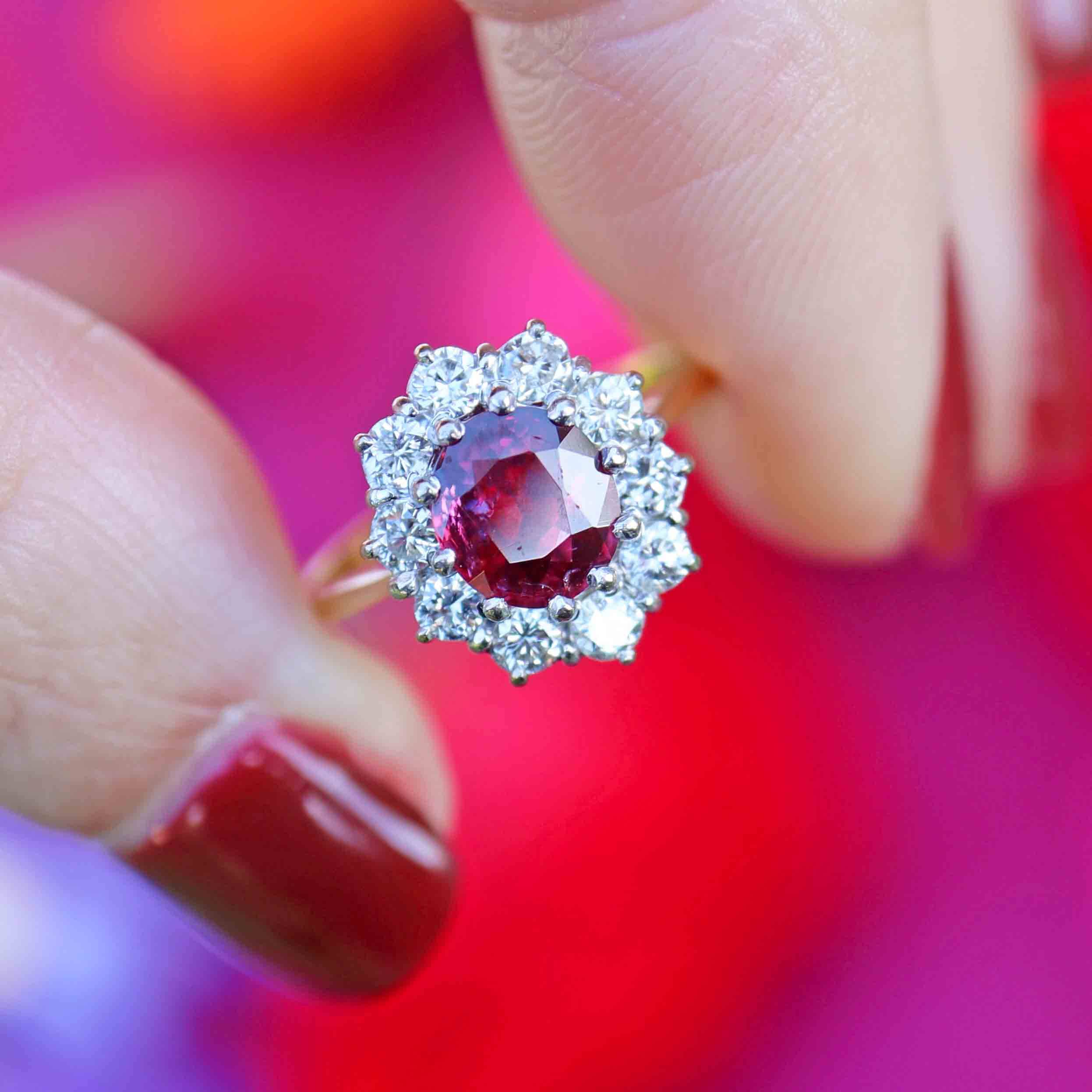 Ellibelle Jewellery Vintage Ruby & Diamond 18ct Gold Oval Cluster Ring (0.90cts)