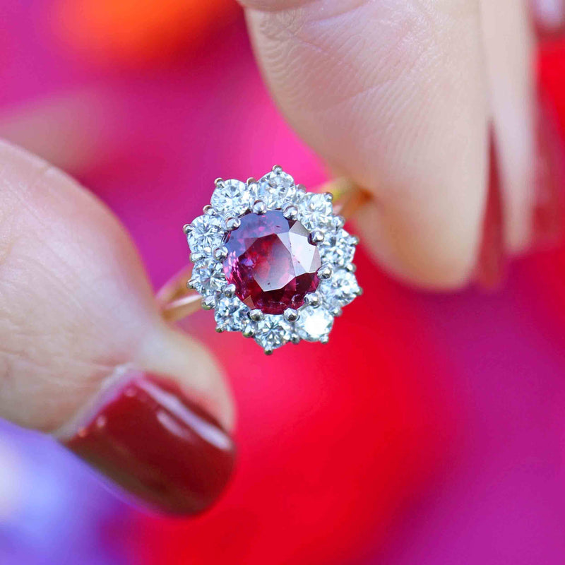 Ellibelle Jewellery Vintage Ruby & Diamond 18ct Gold Oval Cluster Ring (0.90cts)