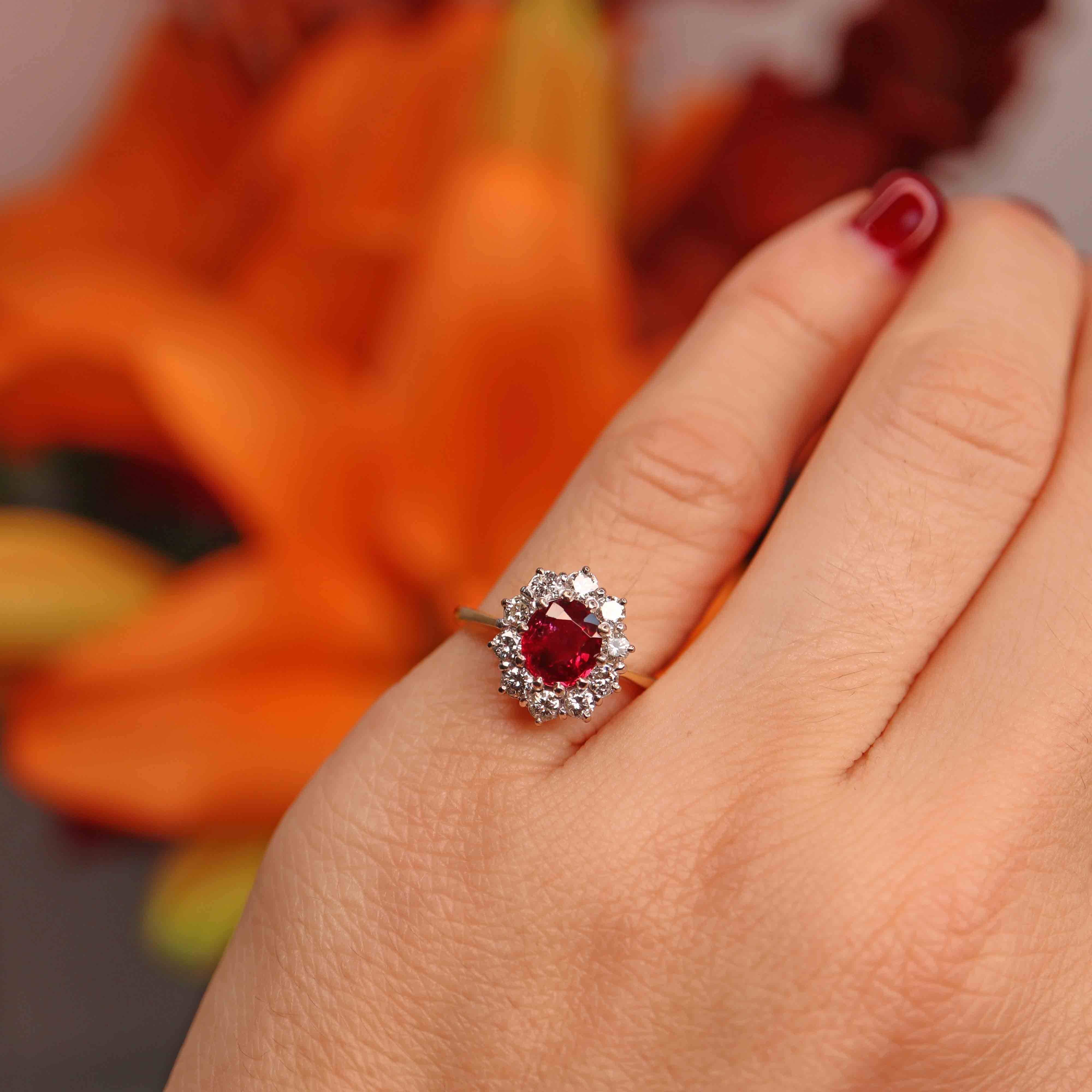 Ellibelle Jewellery Vintage Ruby & Diamond 18ct Gold Oval Cluster Ring (0.90cts)
