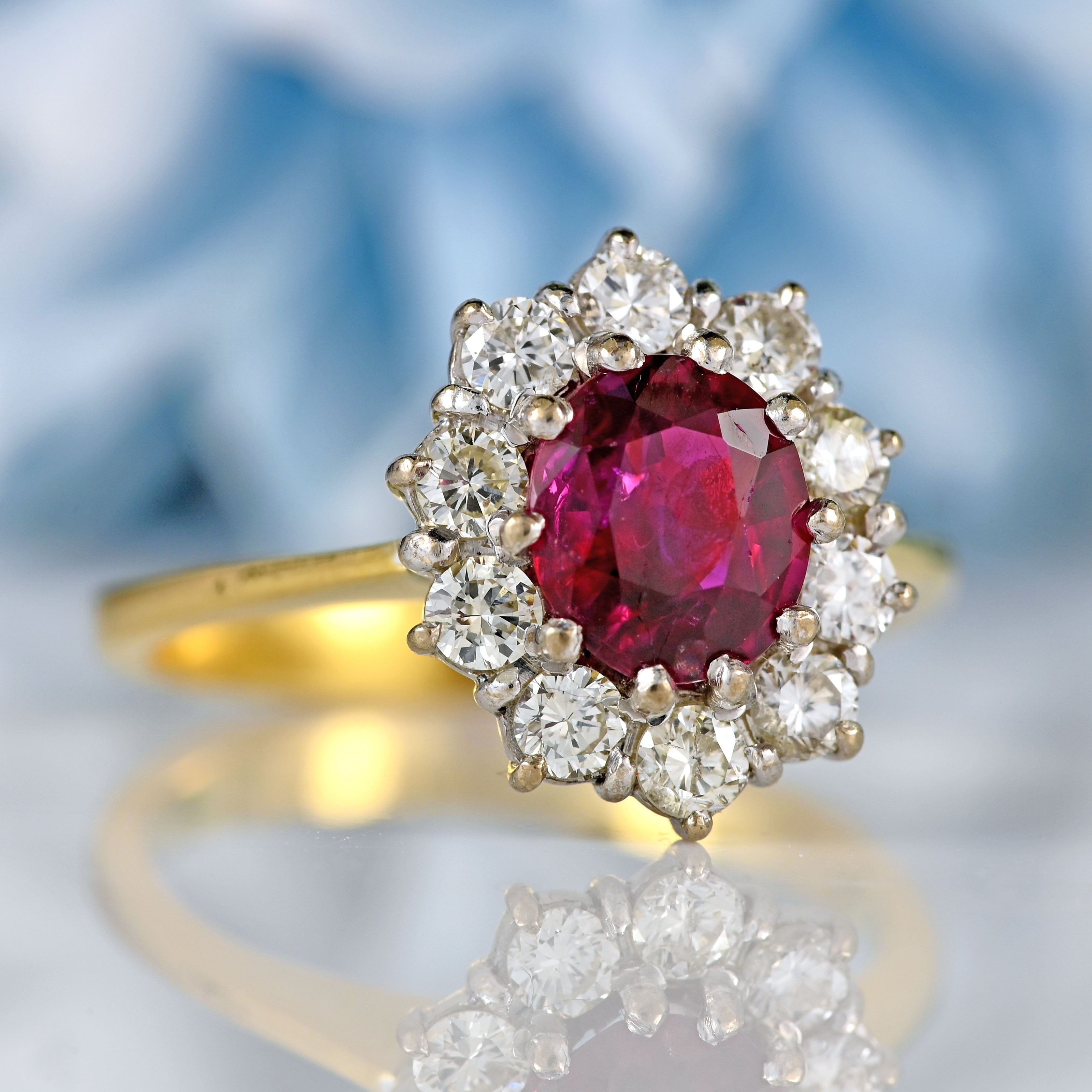 Ellibelle Jewellery Vintage Ruby & Diamond 18ct Gold Oval Cluster Ring (0.90cts)