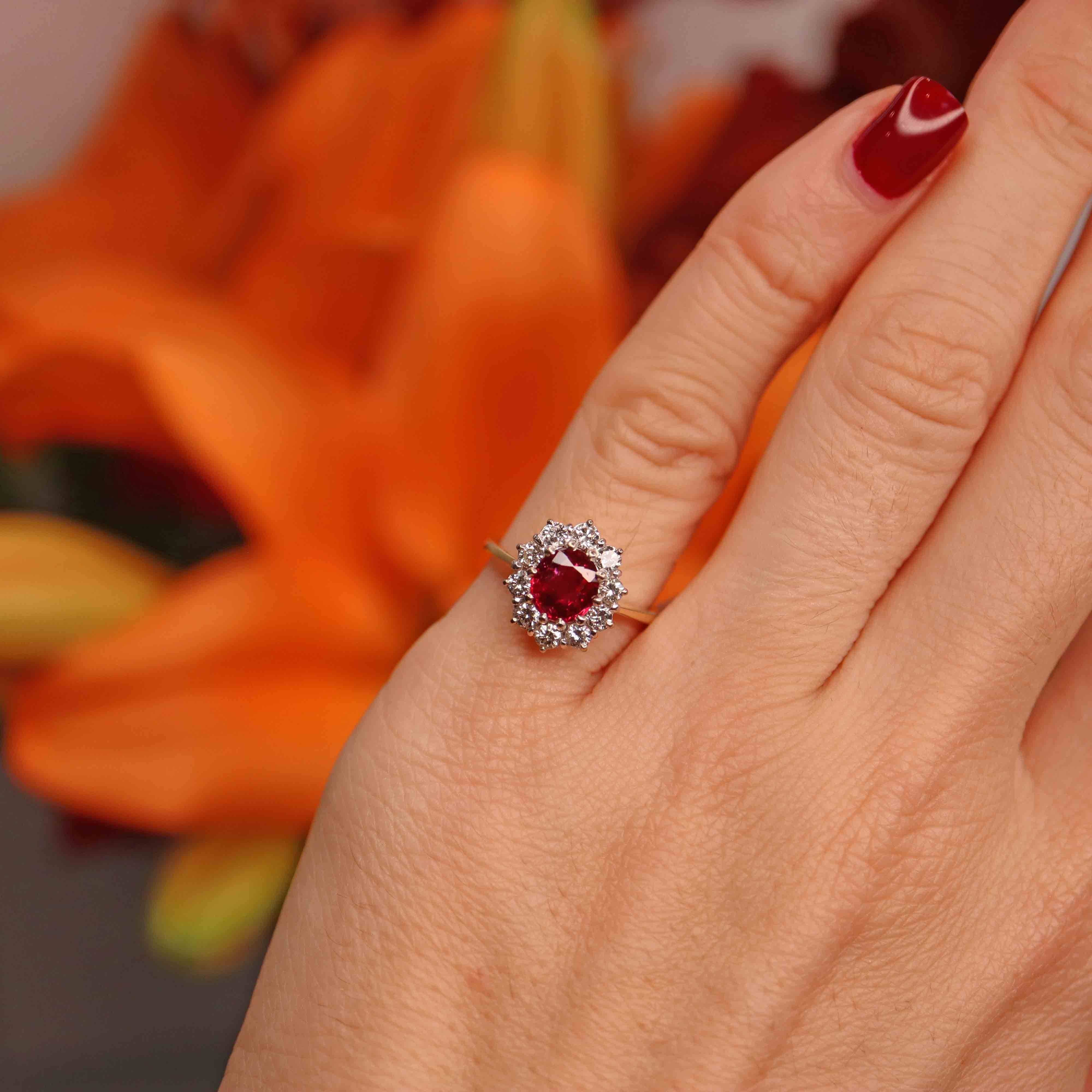 Ellibelle Jewellery Vintage Ruby & Diamond 18ct Gold Oval Cluster Ring (0.90cts)