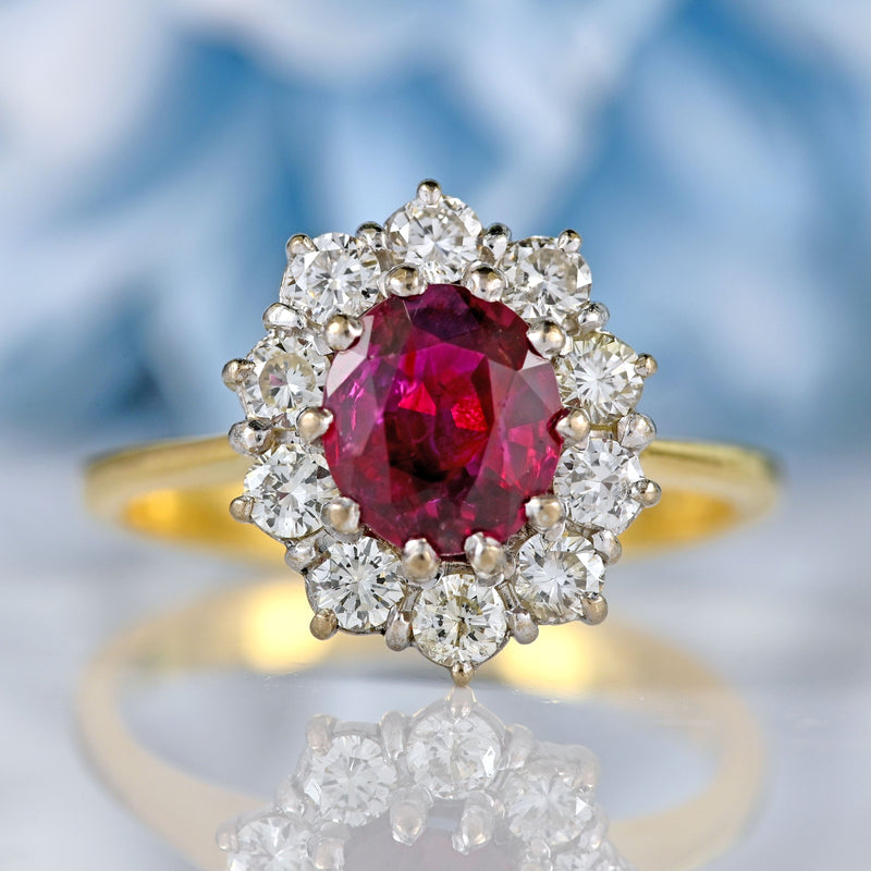 Ellibelle Jewellery Vintage Ruby & Diamond 18ct Gold Oval Cluster Ring (0.90cts)