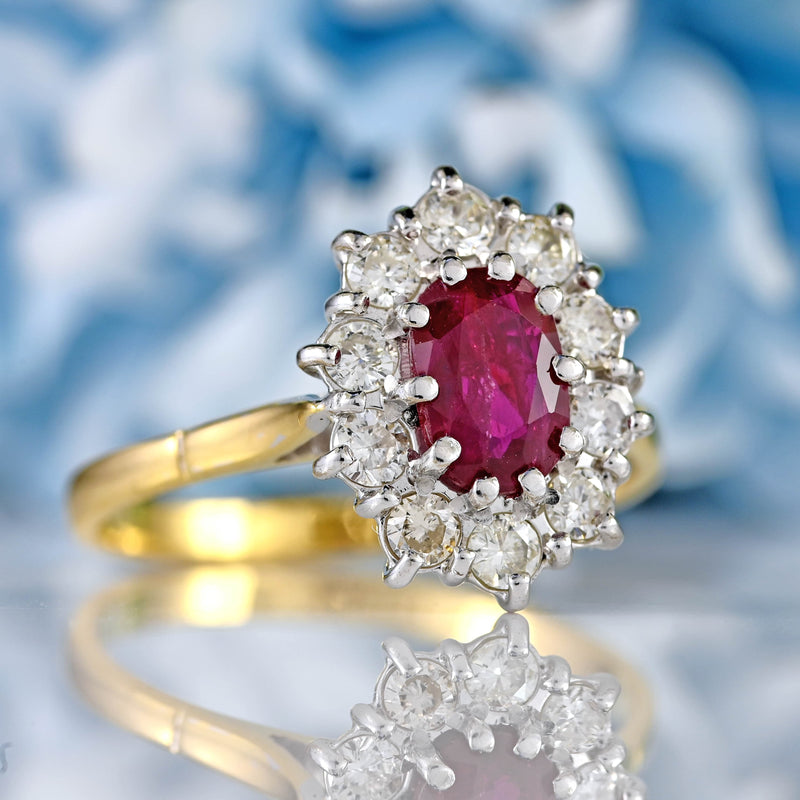 Ellibelle Jewellery Vintage Ruby & Diamond 18ct Gold Oval Cluster Ring (0.95cts)