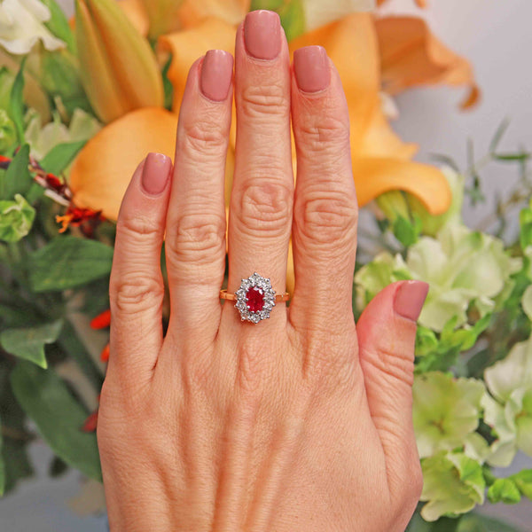 Ellibelle Jewellery Vintage Ruby & Diamond 18ct Gold Oval Cluster Ring (0.95cts)