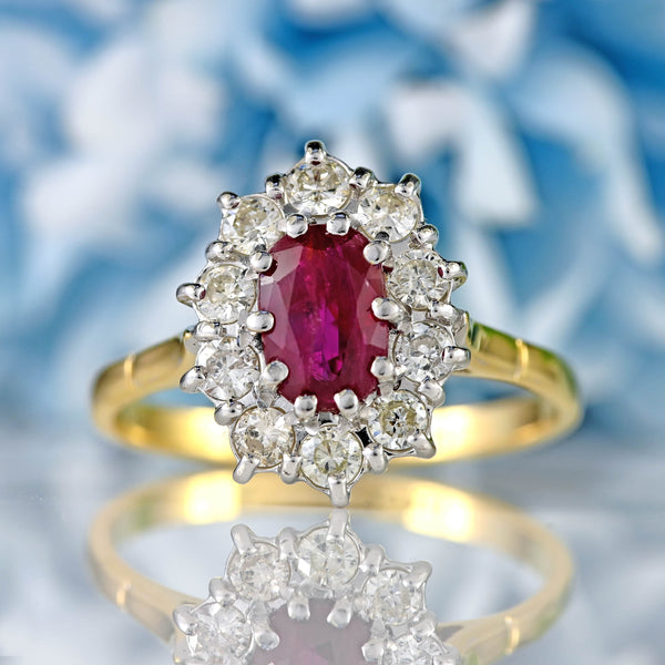 Ellibelle Jewellery Vintage Ruby & Diamond 18ct Gold Oval Cluster Ring (0.95cts)