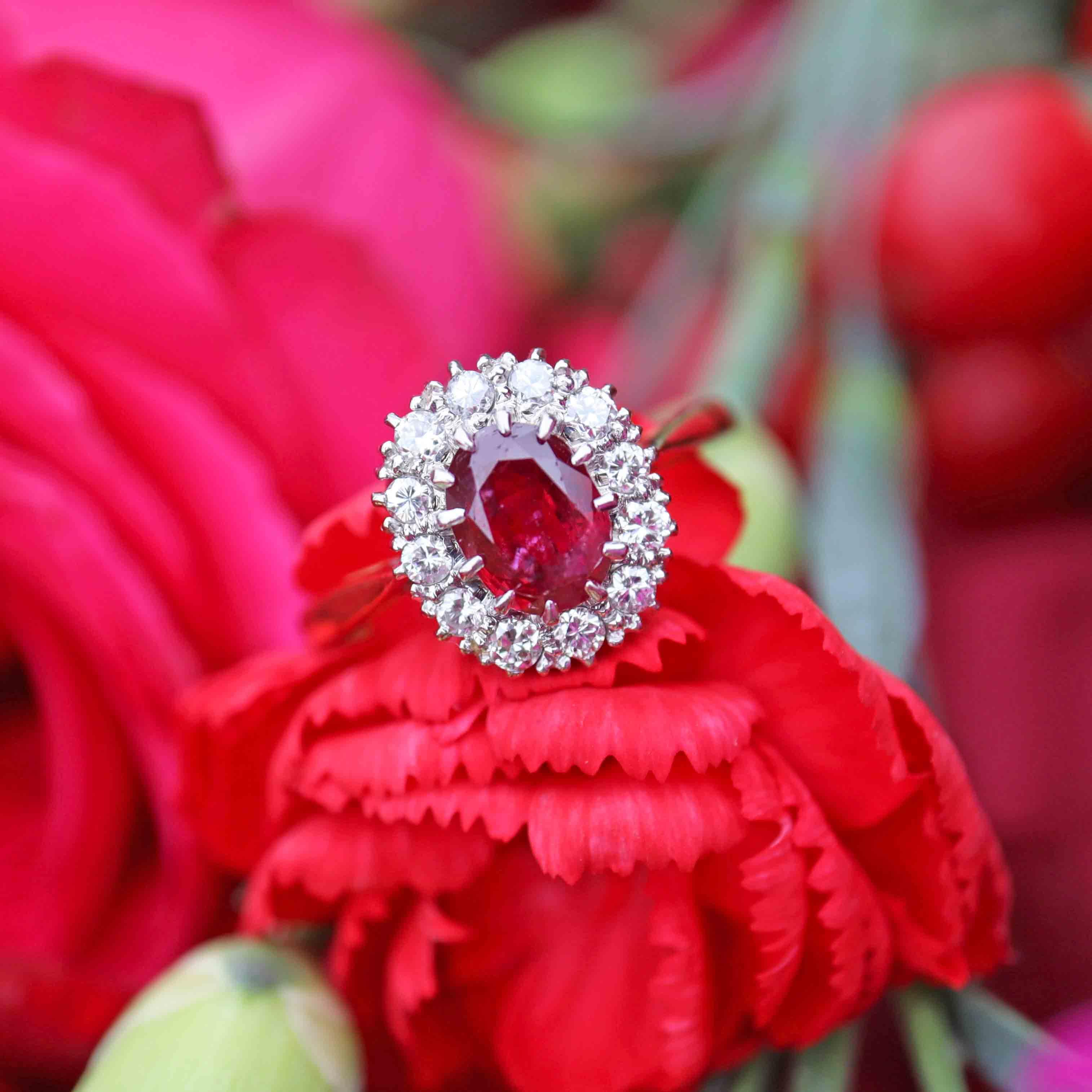 Ellibelle Jewellery Vintage Ruby & Diamond 18ct Gold Oval Cluster Ring (1.10cts)