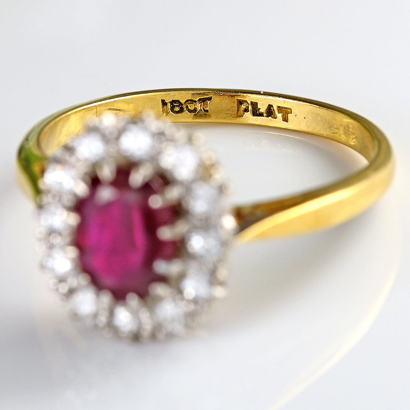 Ellibelle Jewellery Vintage Ruby & Diamond 18ct Gold Oval Cluster Ring (1.10cts)