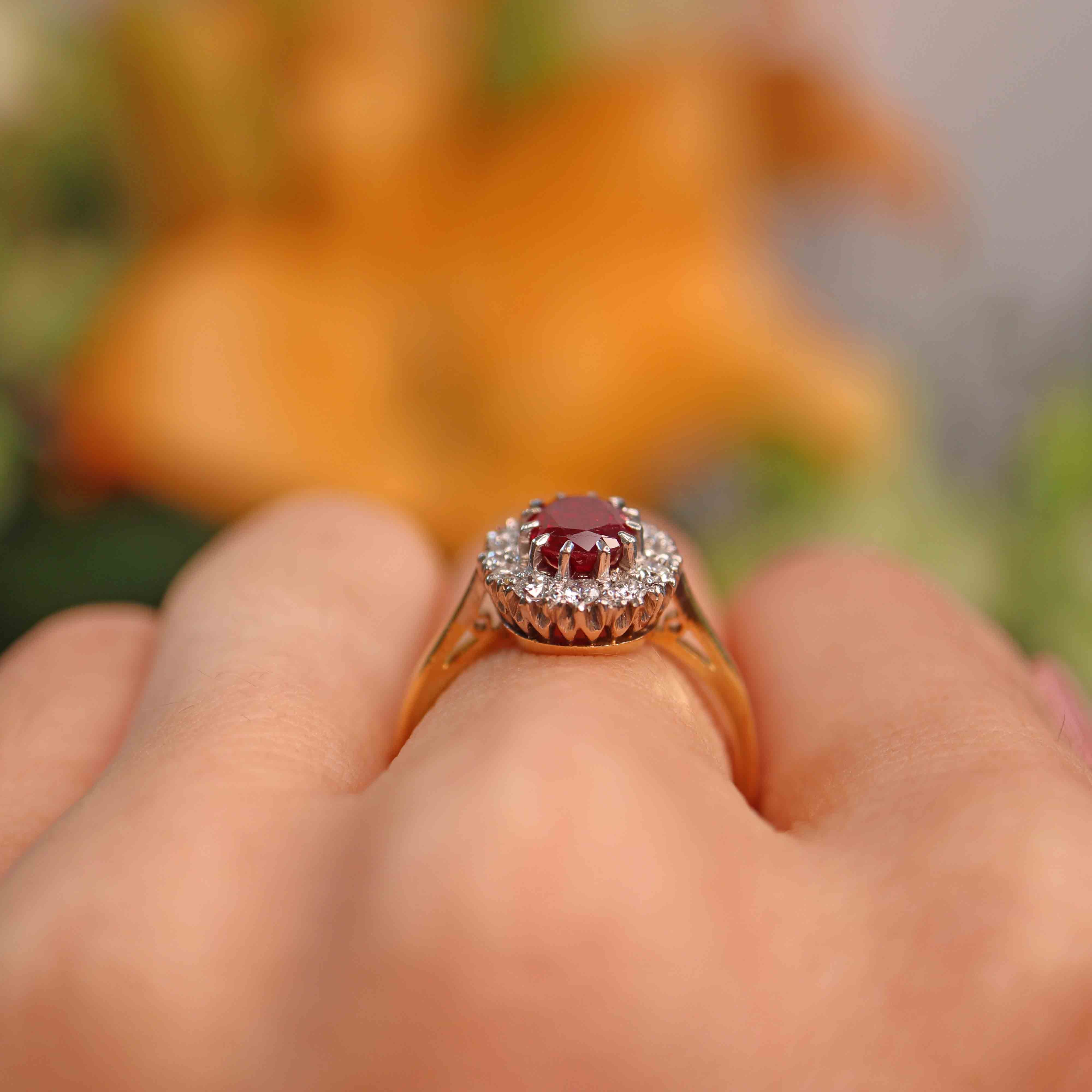 Ellibelle Jewellery Vintage Ruby & Diamond 18ct Gold Oval Cluster Ring (1.10cts)