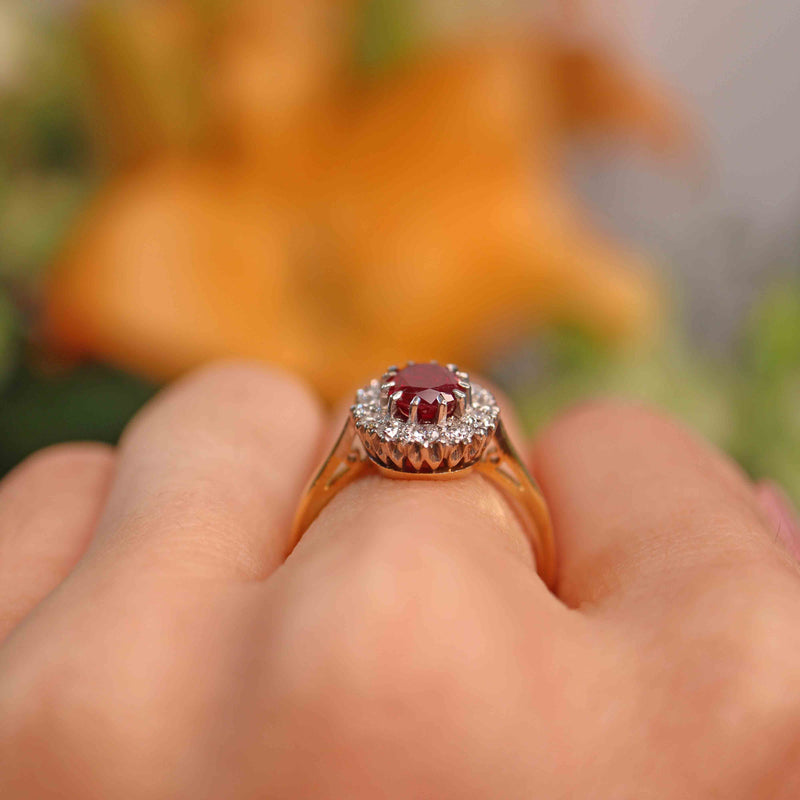 Ellibelle Jewellery Vintage Ruby & Diamond 18ct Gold Oval Cluster Ring (1.10cts)