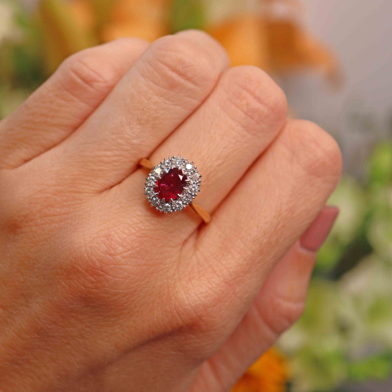 Ellibelle Jewellery Vintage Ruby & Diamond 18ct Gold Oval Cluster Ring (1.10cts)
