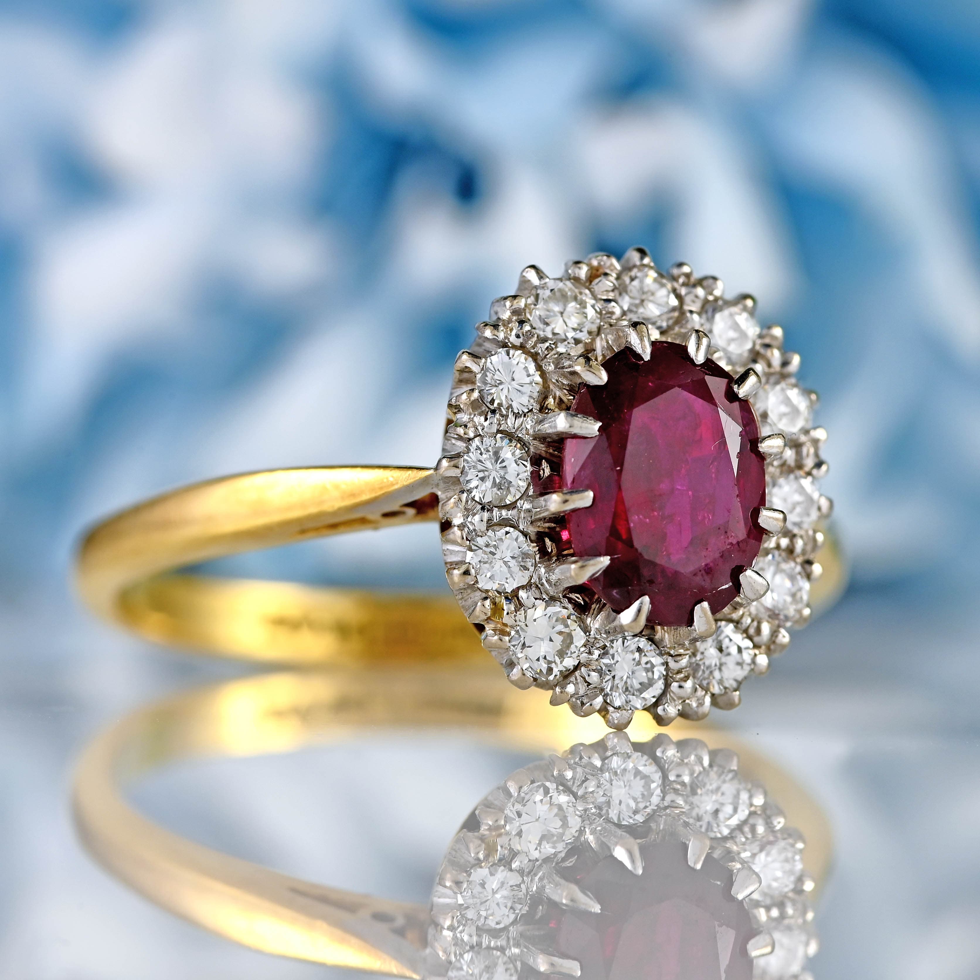 Ellibelle Jewellery Vintage Ruby & Diamond 18ct Gold Oval Cluster Ring (1.10cts)