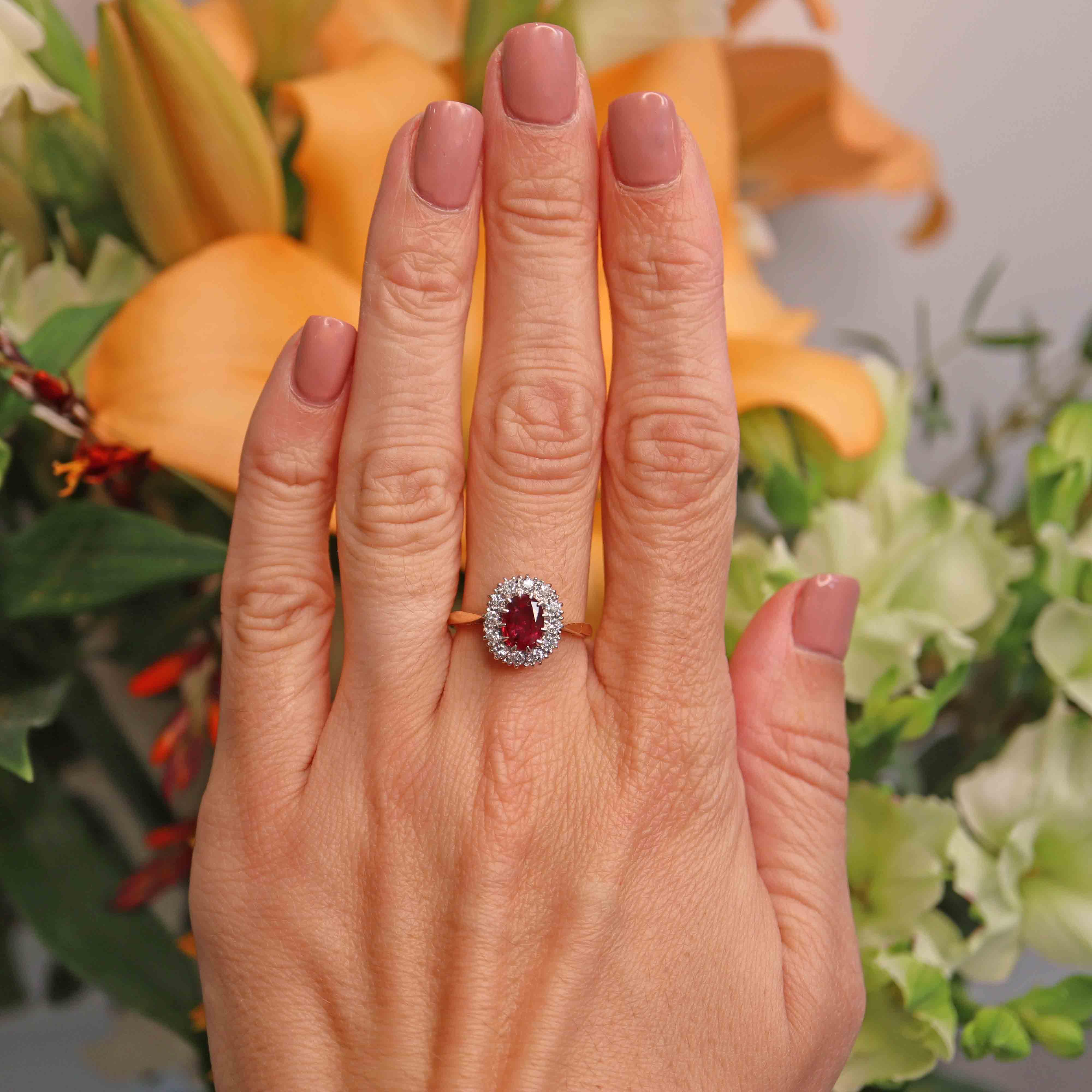 Ellibelle Jewellery Vintage Ruby & Diamond 18ct Gold Oval Cluster Ring (1.10cts)