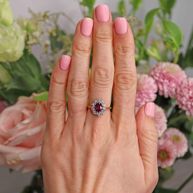 Ellibelle Jewellery Vintage Ruby & Diamond 18ct Gold Platinum Cluster Engagement Ring (1.34ct)