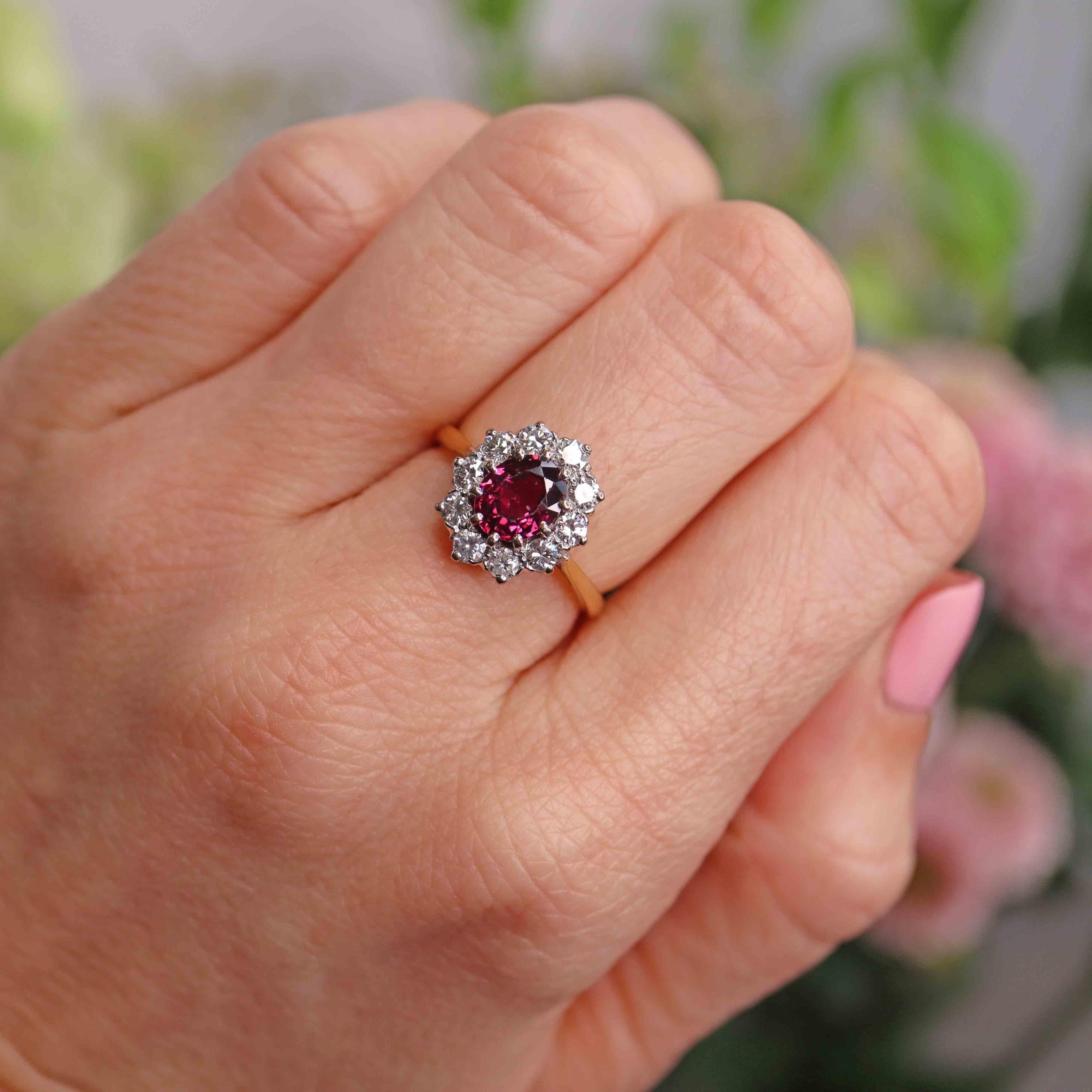 Ellibelle Jewellery Vintage Ruby & Diamond 18ct Gold Platinum Cluster Engagement Ring (1.34ct)