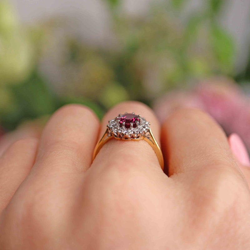 Ellibelle Jewellery Vintage Ruby & Diamond 18ct Gold Platinum Cluster Engagement Ring (1.34ct)