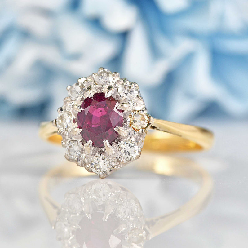 Ellibelle Jewellery Vintage Ruby & Diamond 18ct Gold Platinum Oval Cluster Ring (0.80ct)