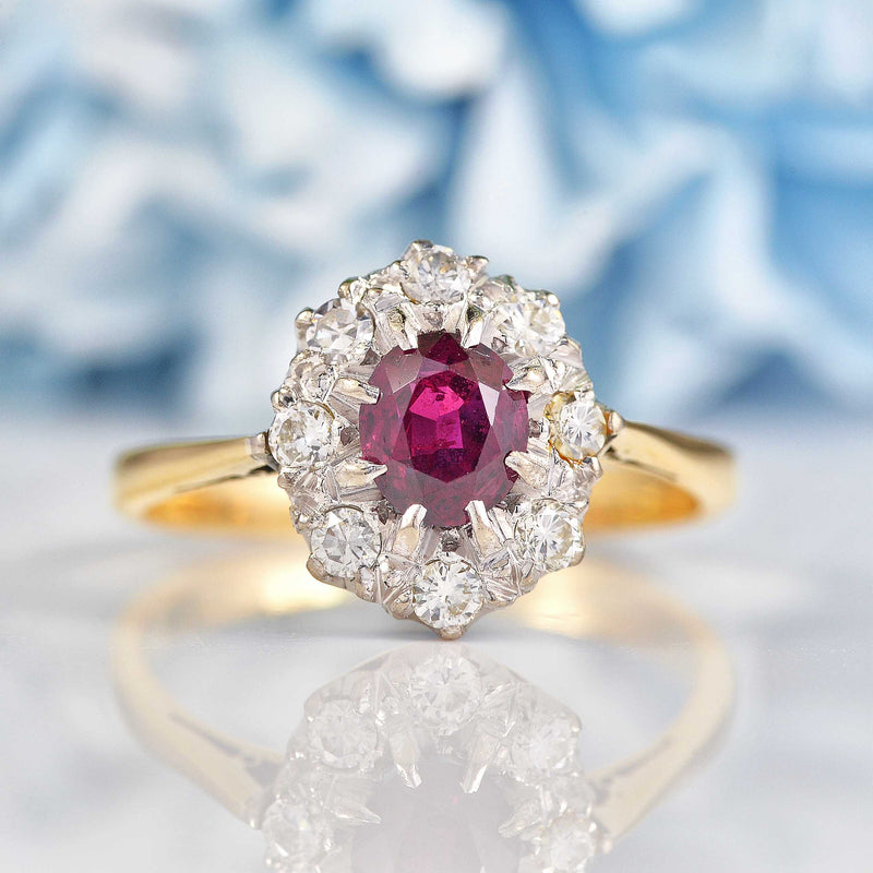 Ellibelle Jewellery Vintage Ruby & Diamond 18ct Gold Platinum Oval Cluster Ring (0.80ct)