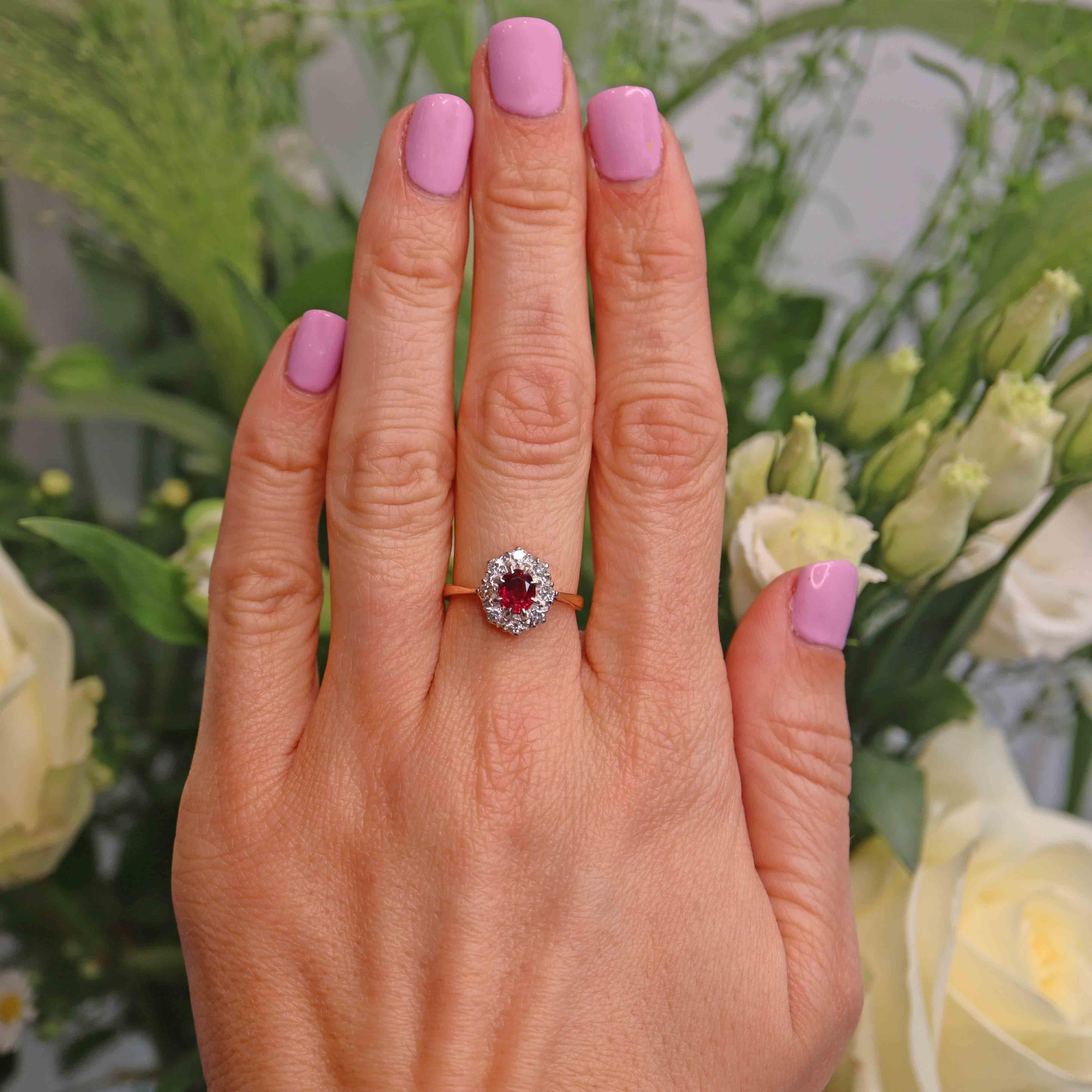 Ellibelle Jewellery Vintage Ruby & Diamond 18ct Gold Platinum Oval Cluster Ring (0.80ct)