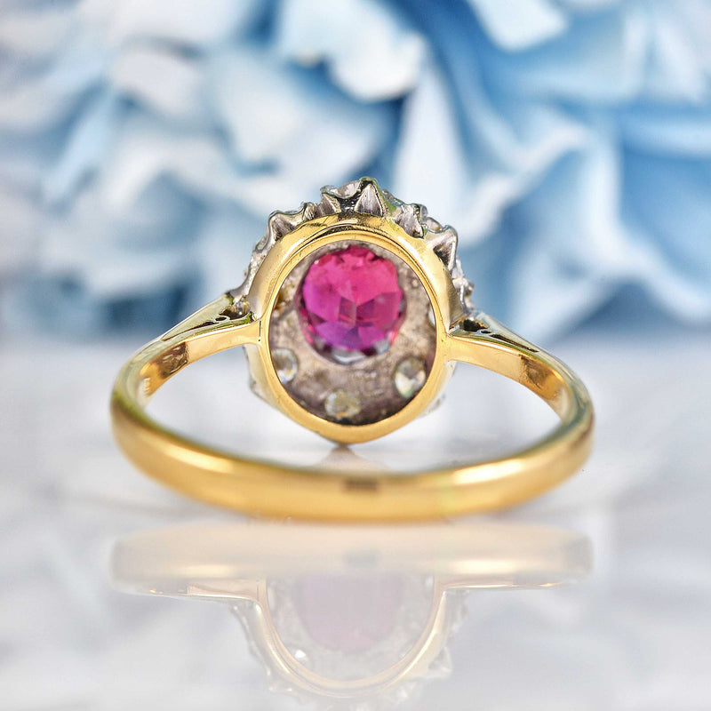 Ellibelle Jewellery Vintage Ruby & Diamond 18ct Gold Platinum Oval Cluster Ring (0.80ct)