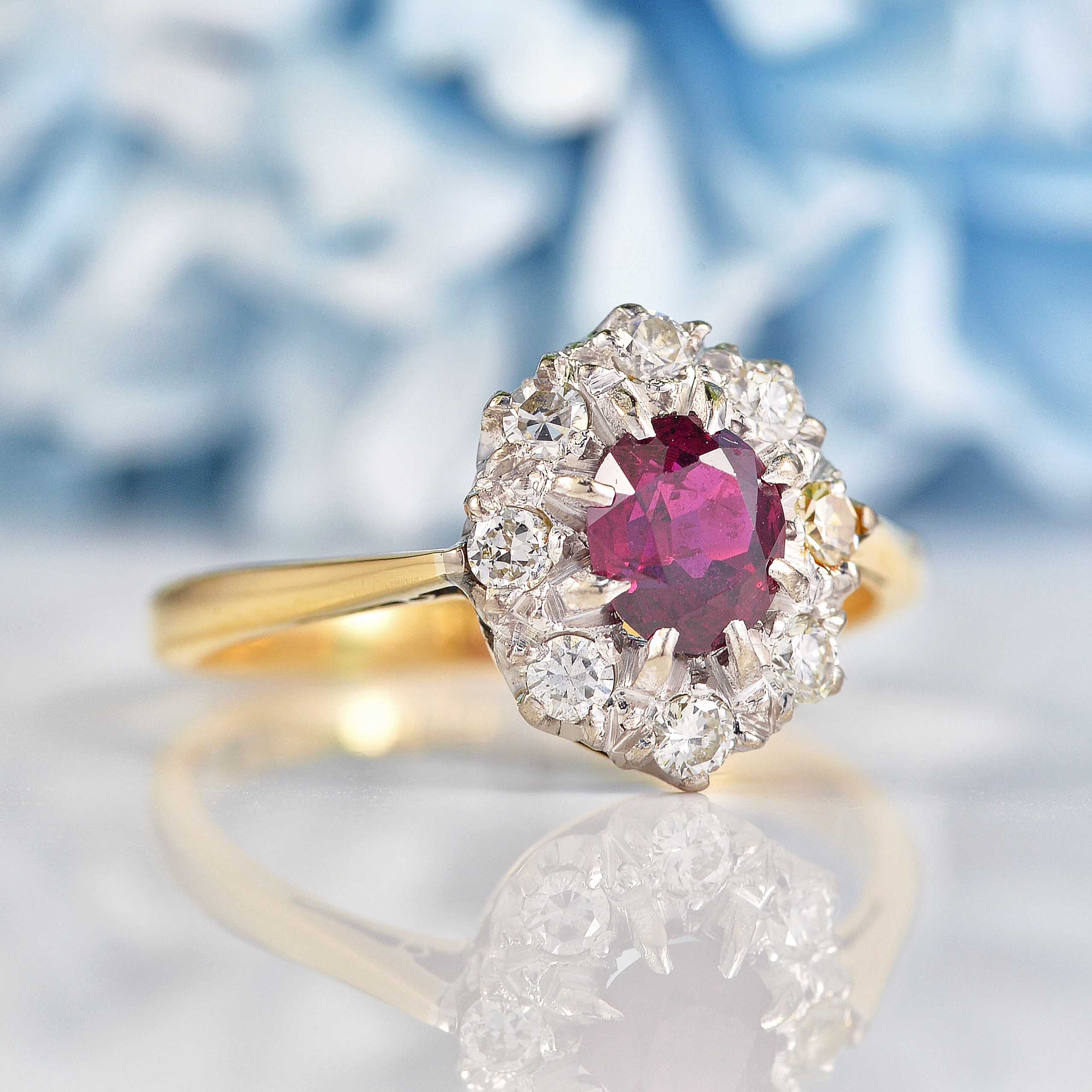 Ellibelle Jewellery Vintage Ruby & Diamond 18ct Gold Platinum Oval Cluster Ring (0.80ct)