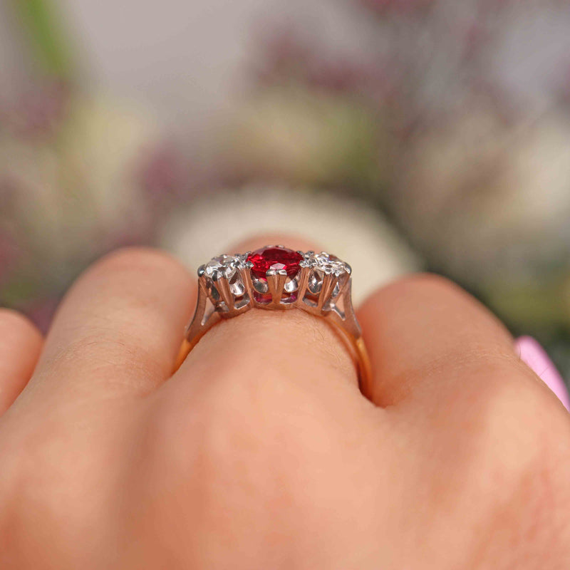 Ellibelle Jewellery Vintage Ruby & Diamond 18ct Gold Platinum Three-Stone Engagement Ring