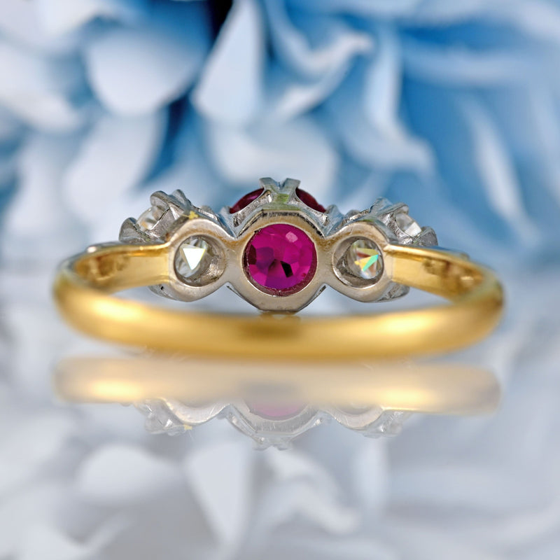 Ellibelle Jewellery Vintage Ruby & Diamond 18ct Gold Platinum Three-Stone Engagement Ring
